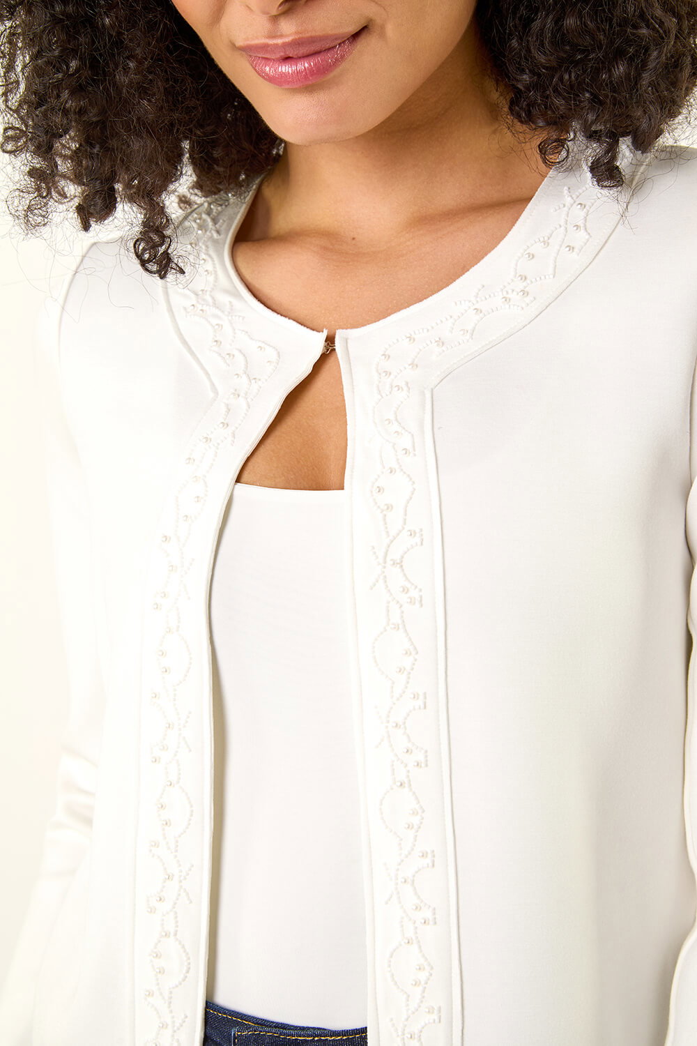 Ivory Beaded Trim Open Jacket, Image 6 of 5
