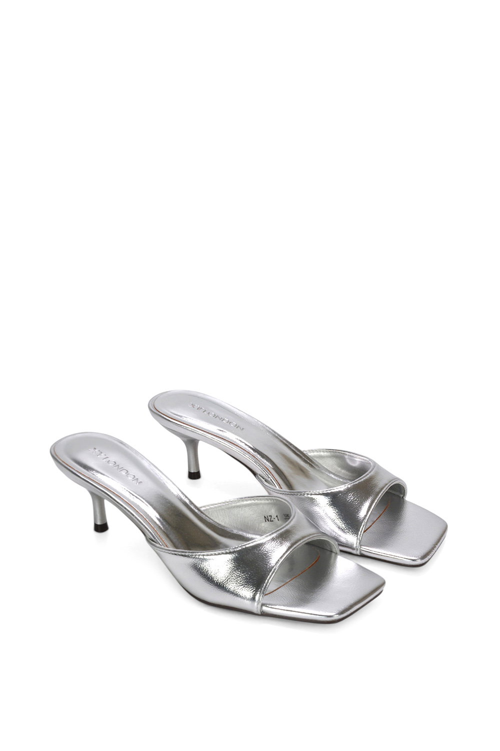 Silver XY LONDON Silver 'Jane' Square Toe Kitten Heel Slip On Heeled Sandal Mules, Image 5 of 6