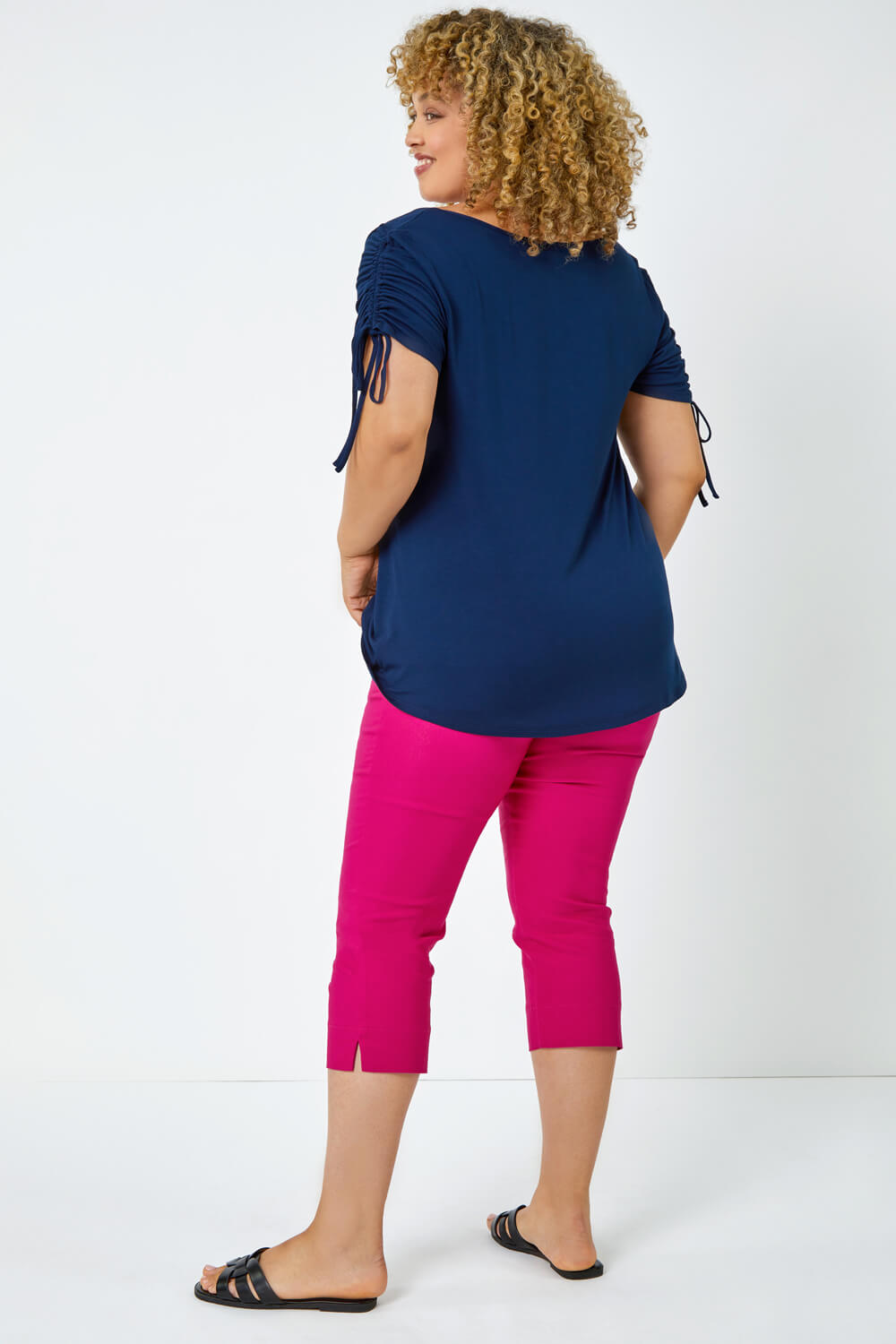 Navy Curve Plain Ruched Tie Top, Image 4 of 5