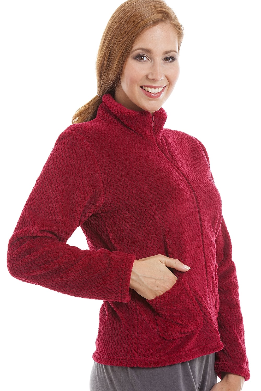 Burgundy Camille Lingerie Burgundy Zip Front Soft Textured Fleece Bed Jacket, Image 5 of 5