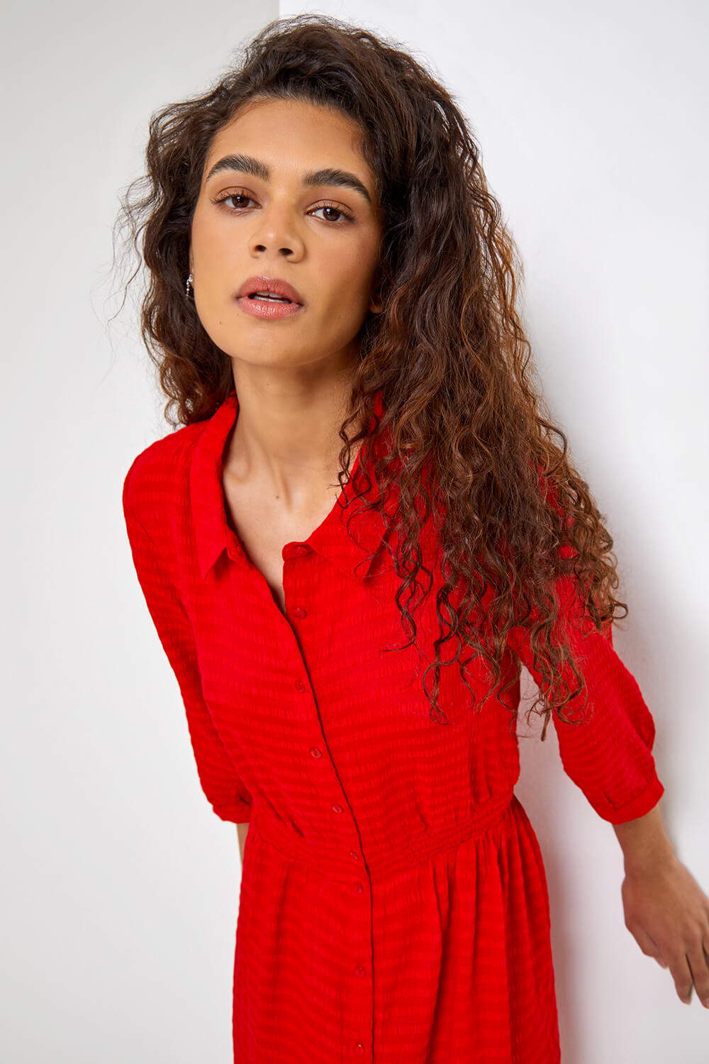 Red Textured Midi Shirt Dress, Image 5 of 5