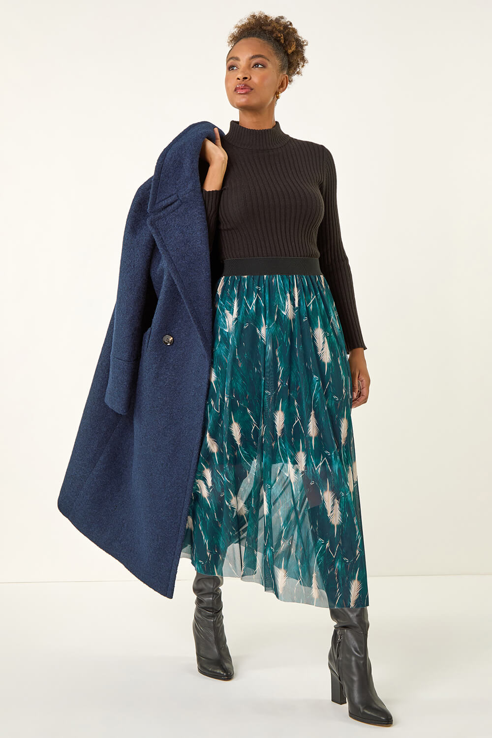 Petrol Blue Abstract Print Mesh Overlay Skirt, Image 5 of 6