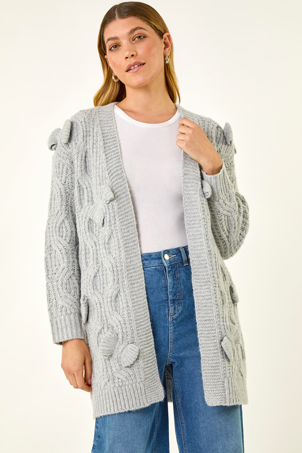 Grey 3D Bow Knit Cardigan, Image 1 of 5