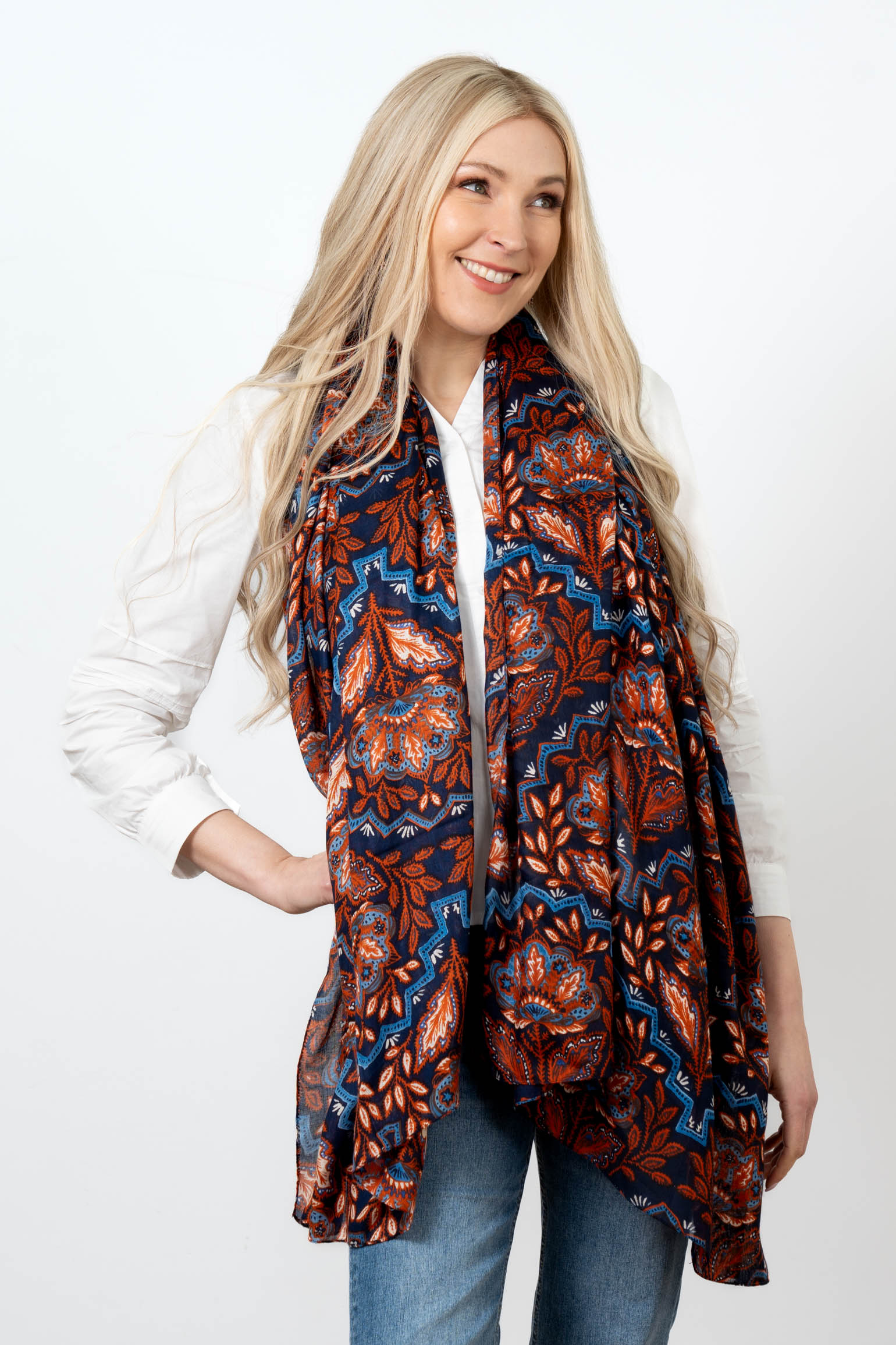 Blue Mosaic Floral Lightweight Scarf, Image 2 of 3