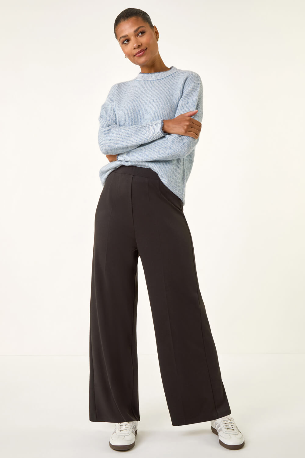 Black Wide Leg Ponte Stretch Trouser, Image 4 of 5