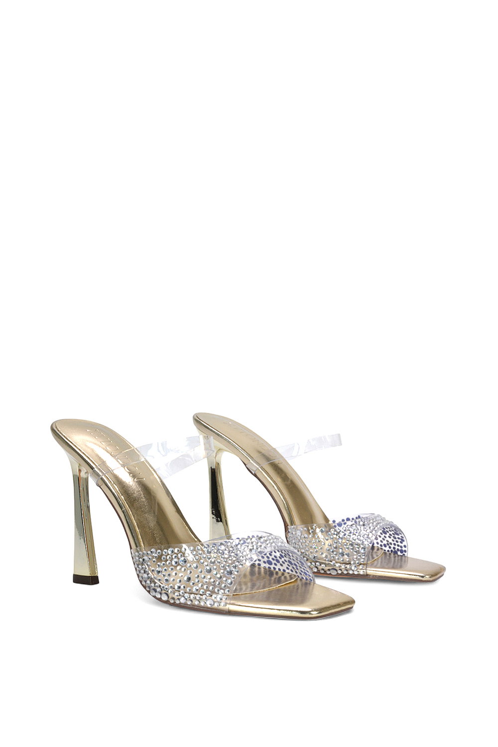 Gold XY LONDON Gold 'Lois' Square Open Toe Rhinestone Perspex High Heeled Mules, Image 4 of 5