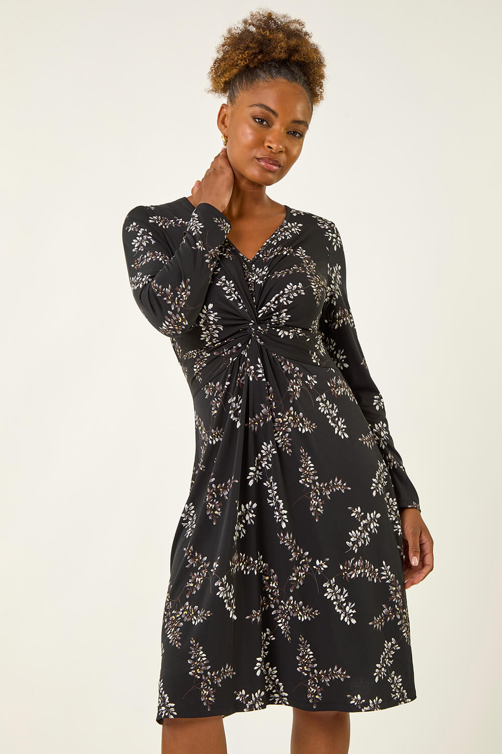 Black Floral Print Twist Front Midi Dress, Image 3 of 5