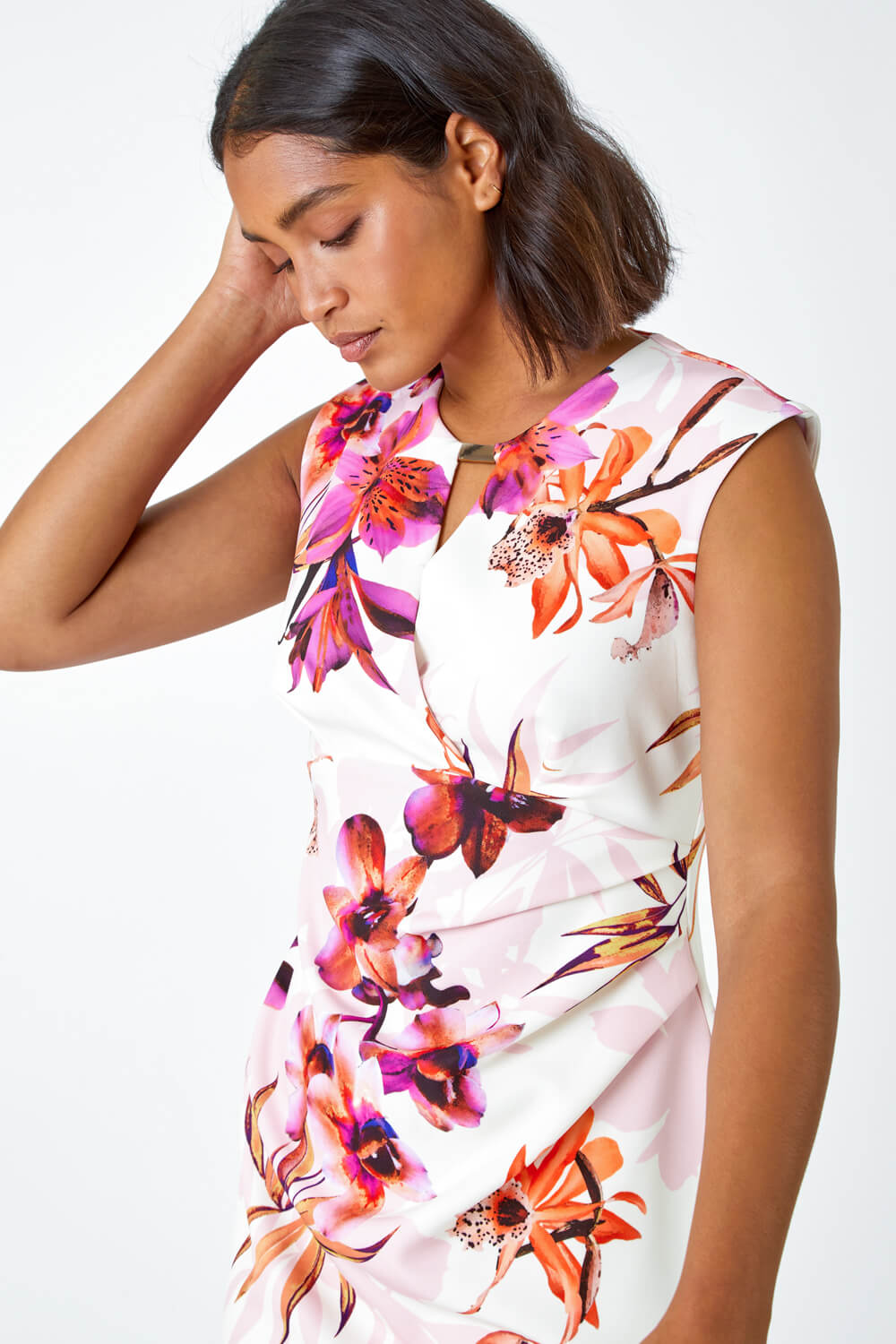Ivory Floral Print Ruched Shift Bodycon Wrap Dress, Image 5 of 5
