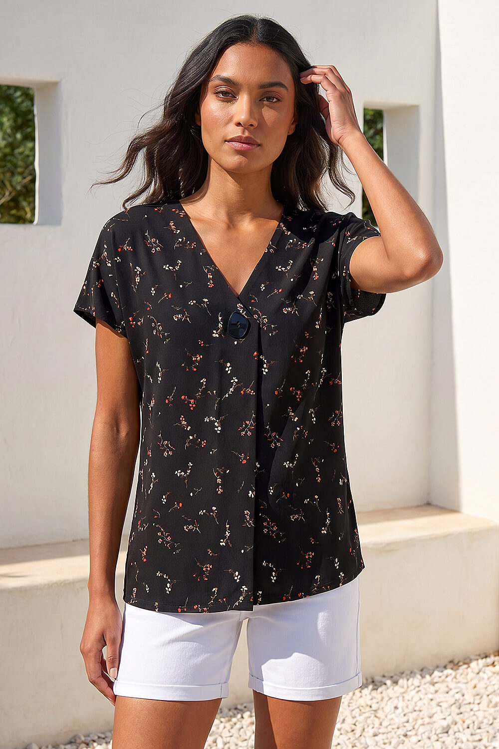 Black Floral Print V-Neck Top, Image 1 of 4