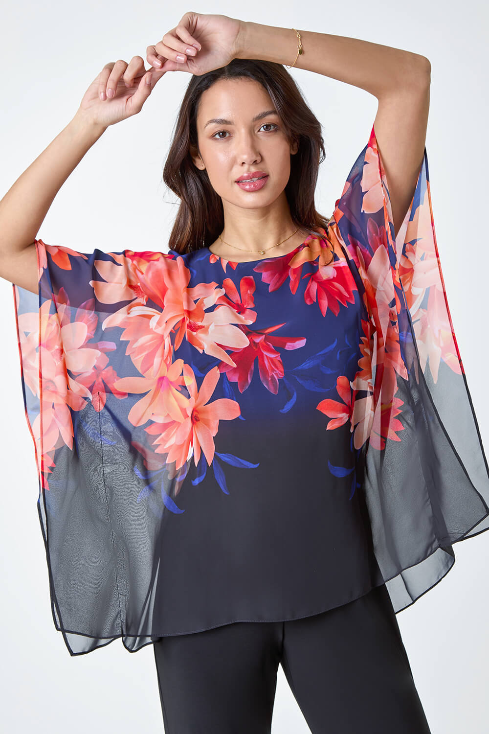 Navy  Floral Print Chiffon Overlay Jumpsuit, Image 5 of 5