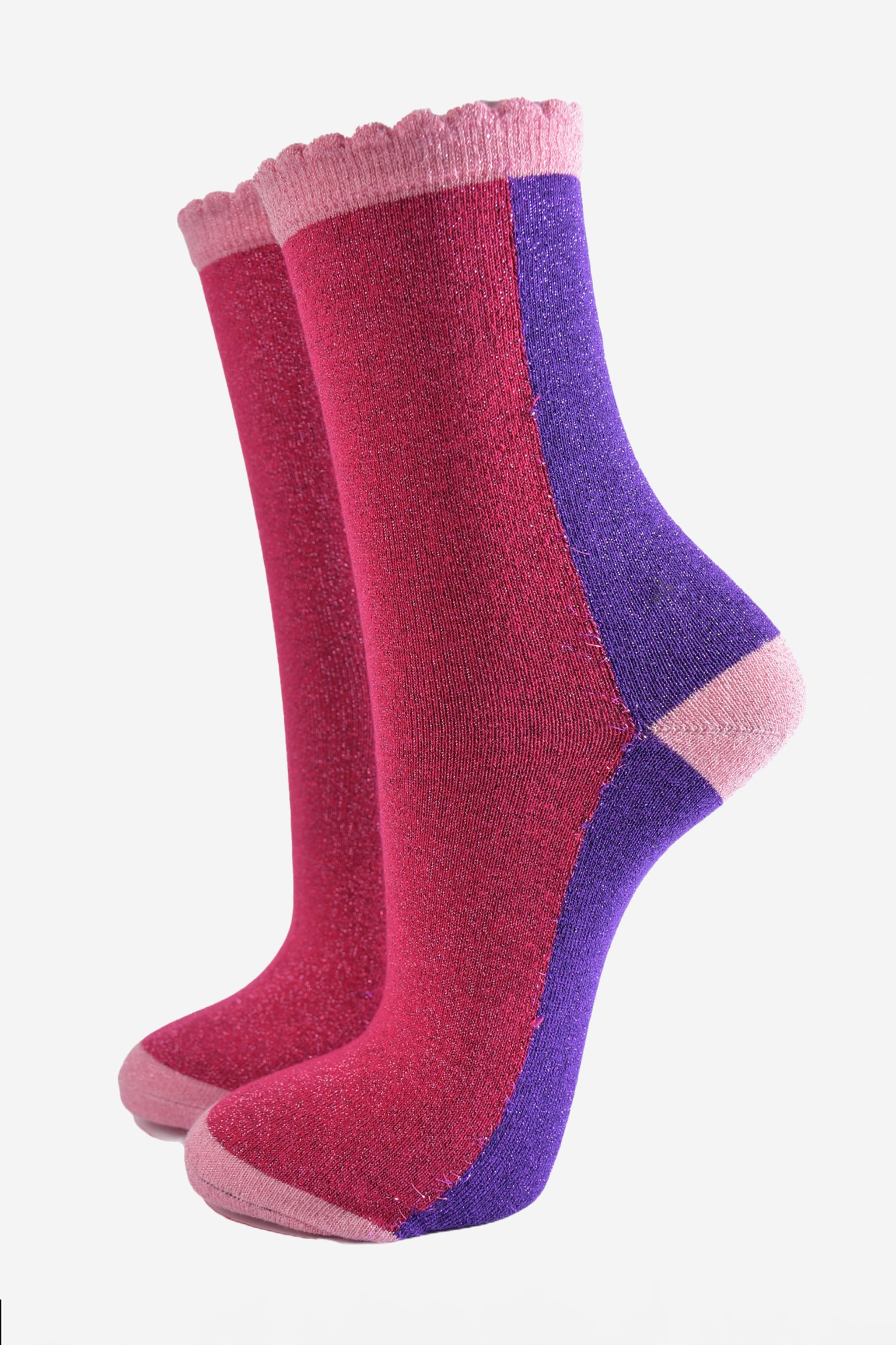Purple Colour Block Glitter Ankle Socks