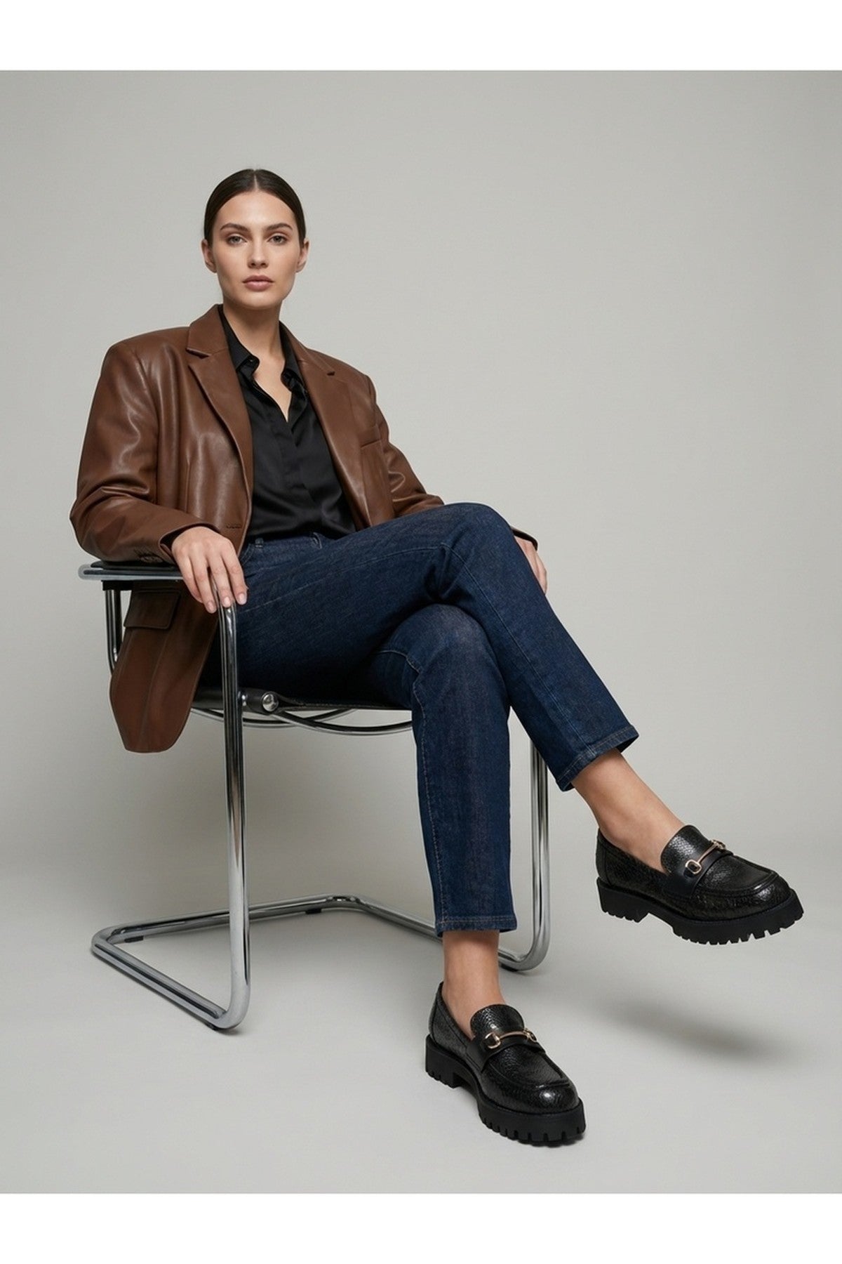 Black iKrush Black Poppy Snakeskin Chunky Loafers, Image 2 of 5