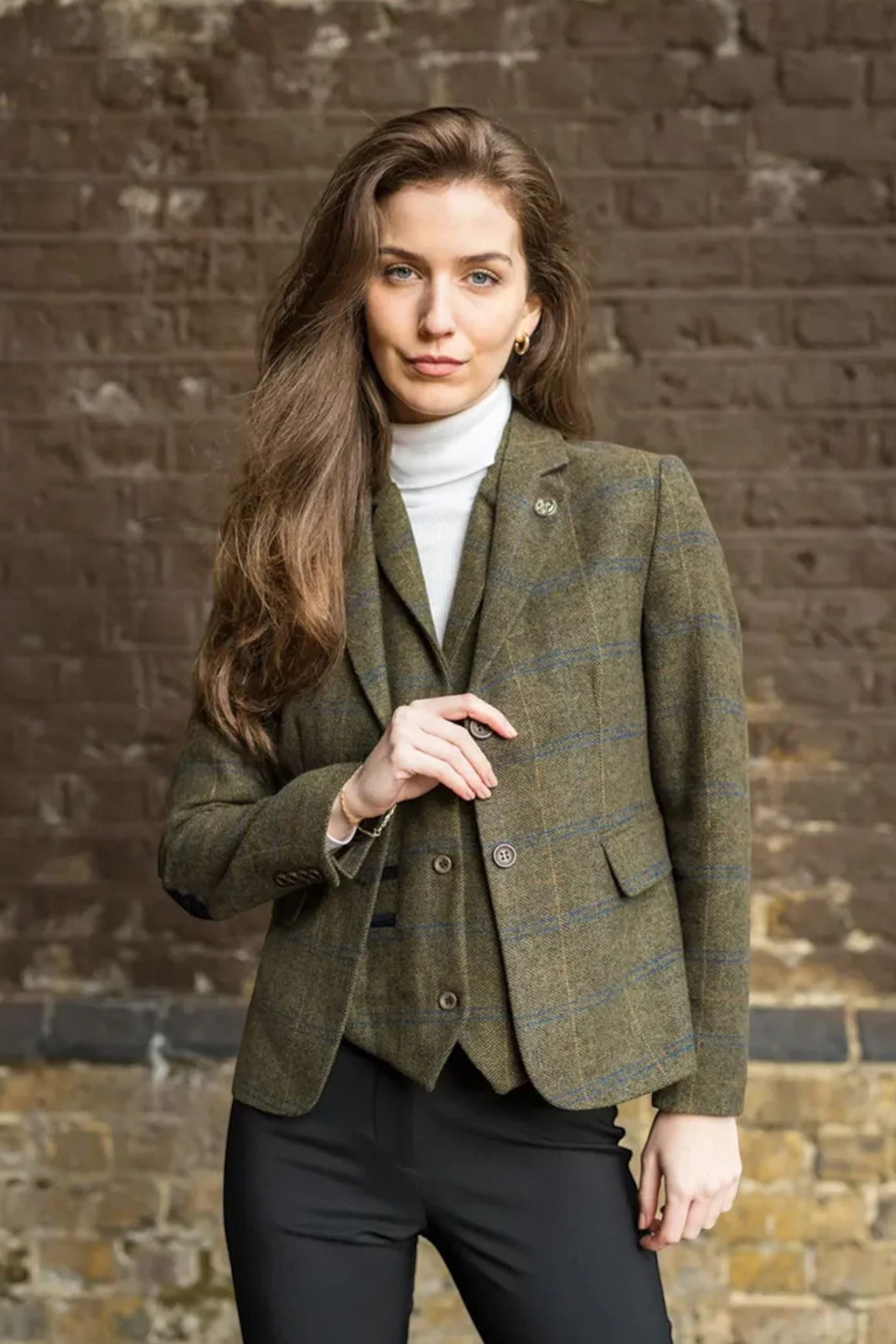Olive Infinity Leather Olive Women's Olive Tweed Herringbone Check Blazer, Image 3 of 7