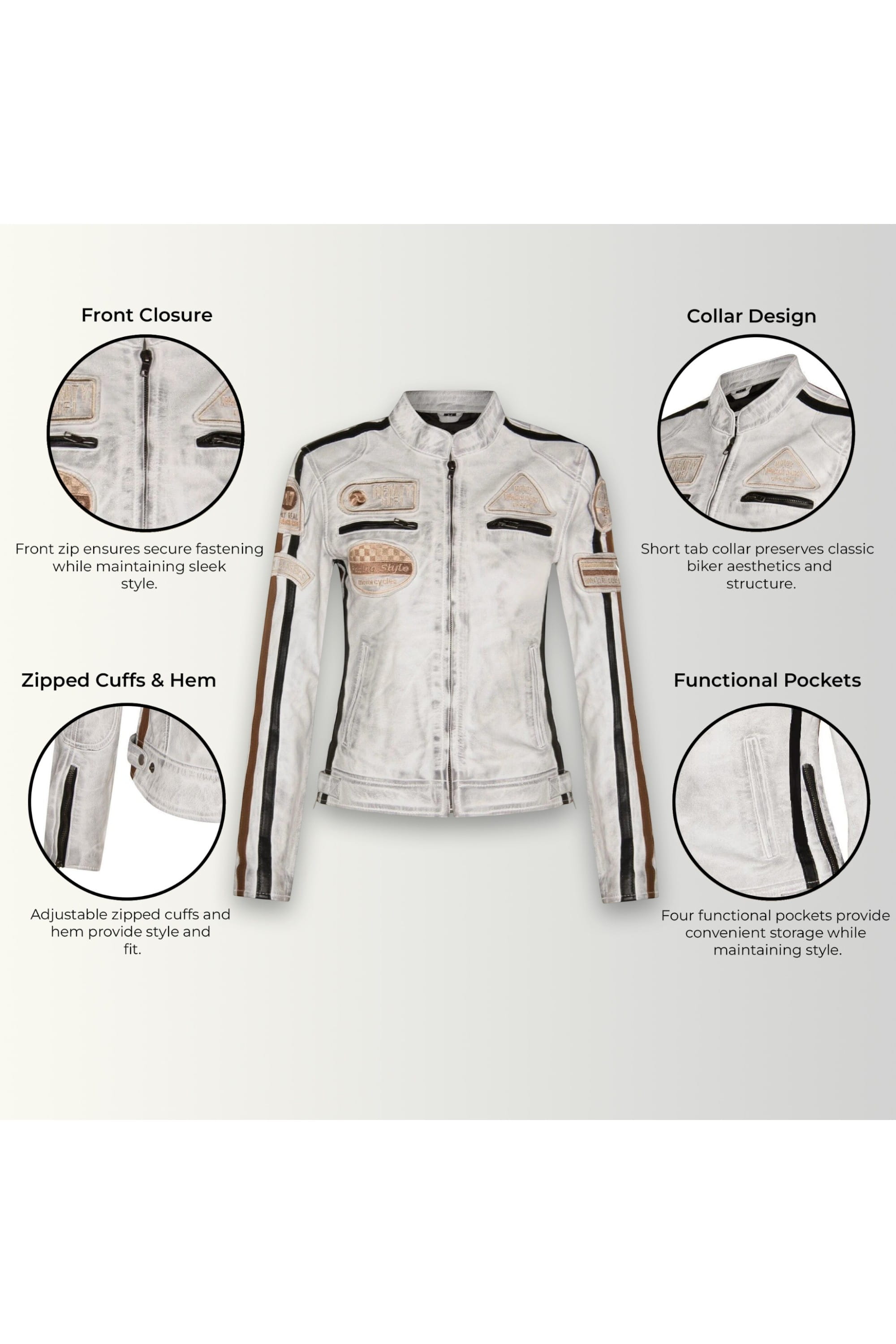 White Biker Racing Badges Leather Jacket, Image 3 of 5