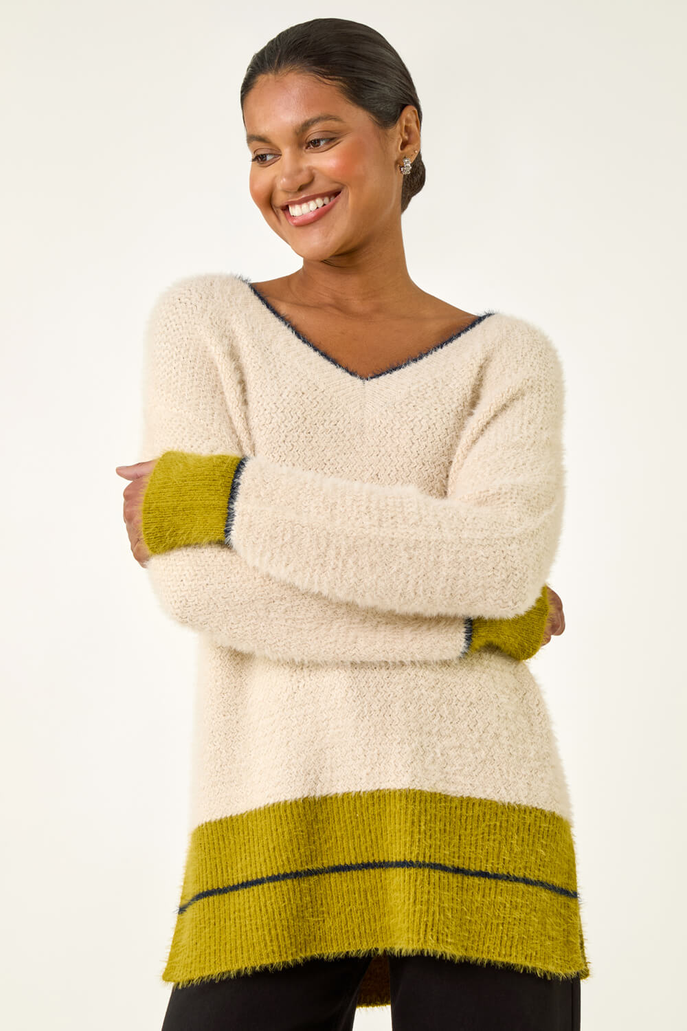 Ivory  Stripe Trim V-Neck Knit Jumper, Image 5 of 5