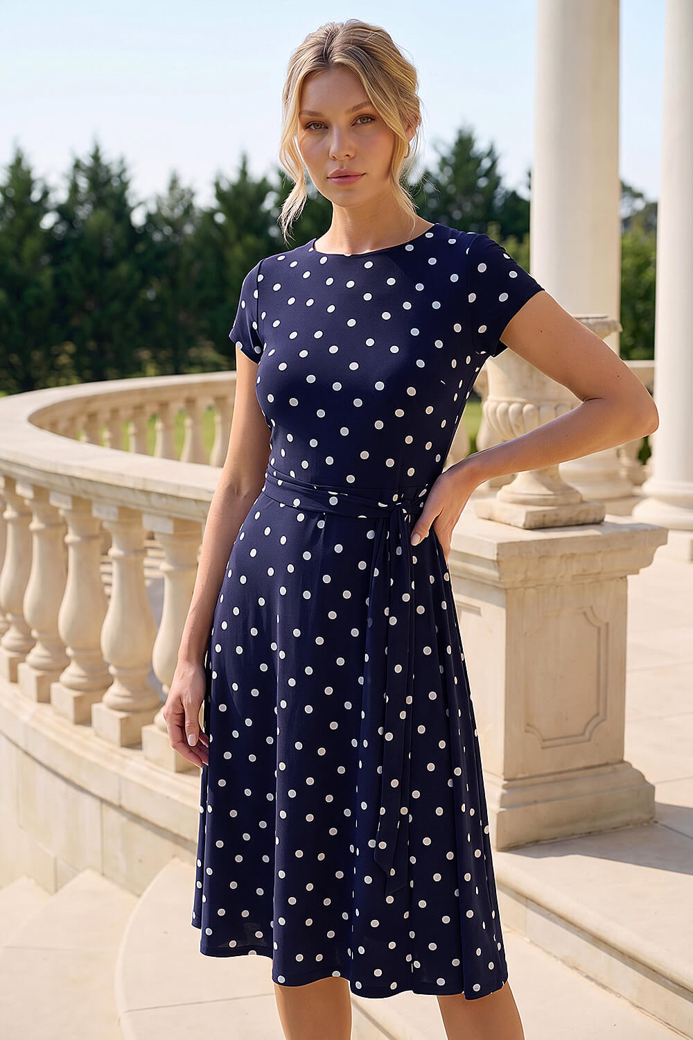 Navy Spot Print Jersey Stretch Dress, Image 1 of 4