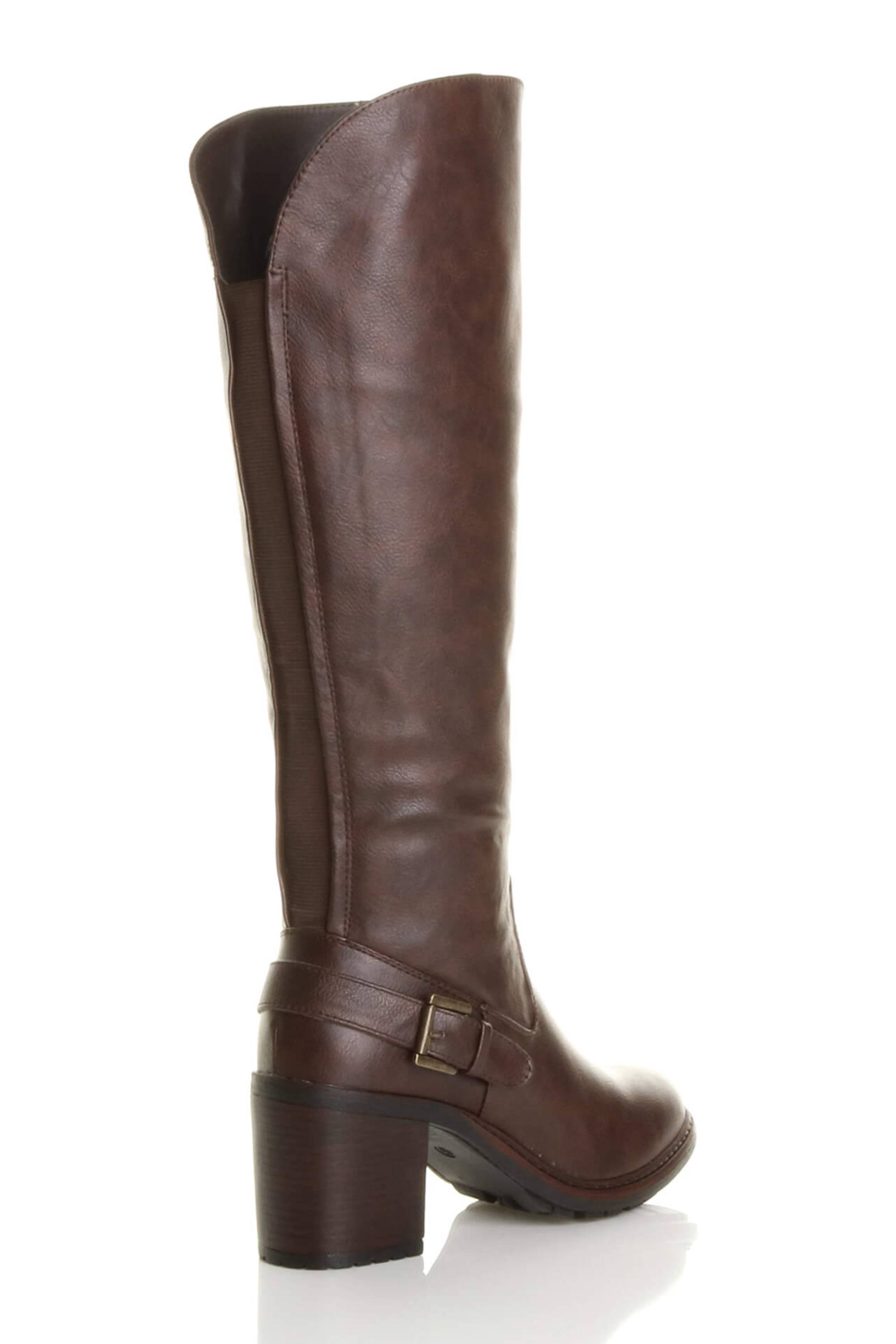 Brown AJVANI Brown High Block Heel Chunky Biker Knee High Boots, Image 4 of 6
