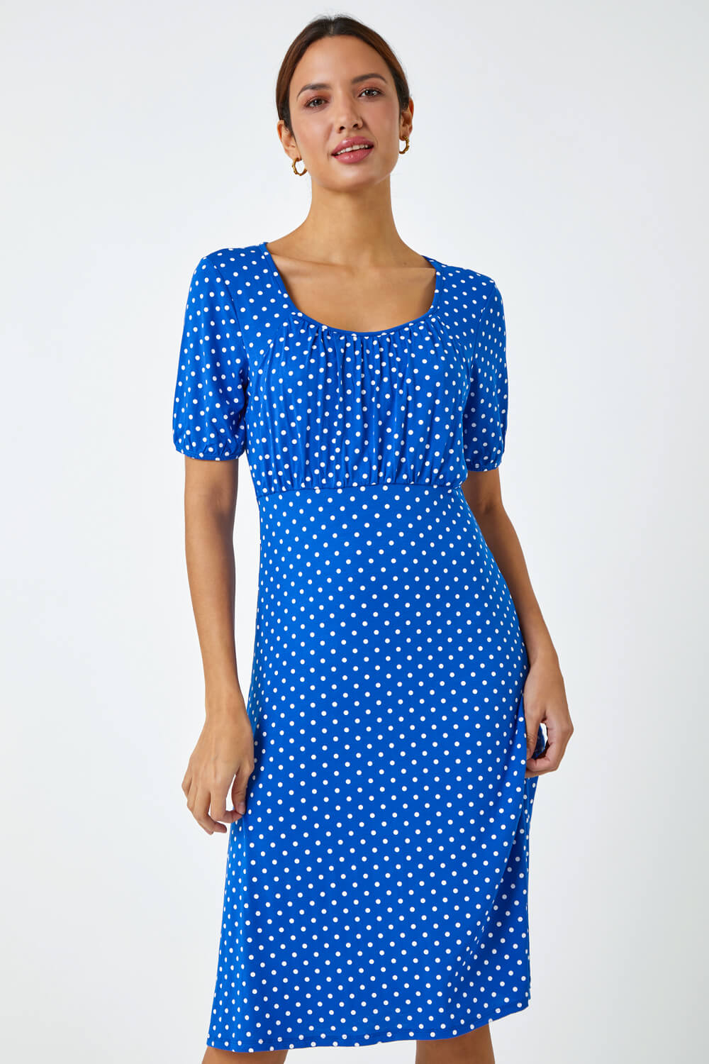 Royal Blue Polka Dot Print Stretch Dress, Image 1 of 5