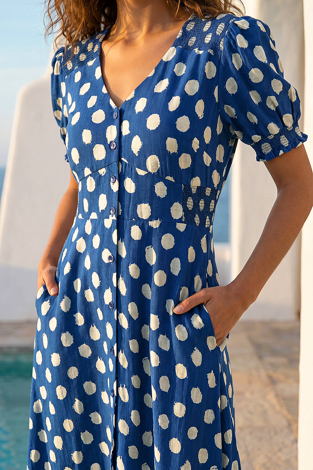 Navy Spot Print Button Midi Dress, Image 5 of 4