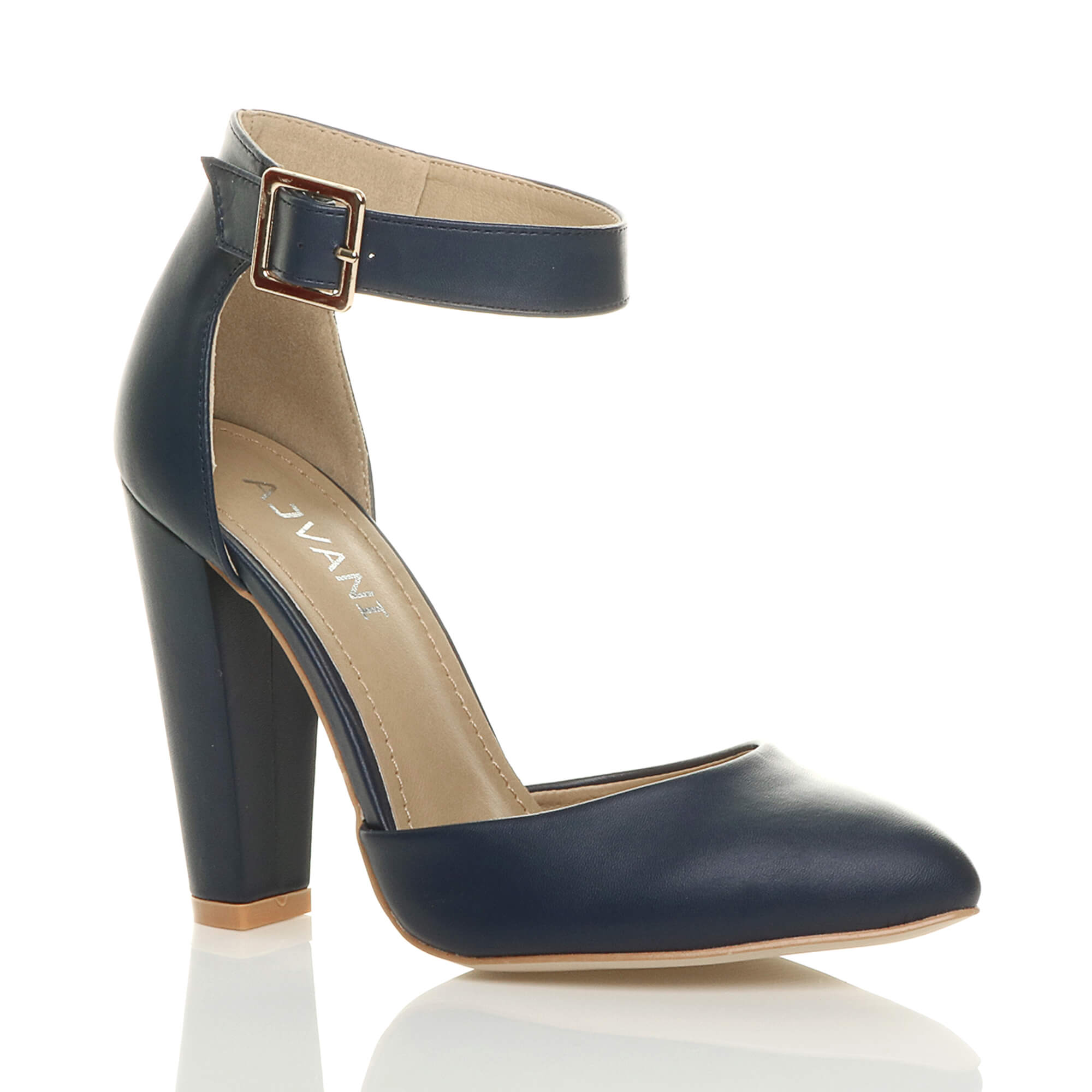Navy Blue High Heel Ankle Strap Pointed Toe Court Shoes, Image 1 of 6