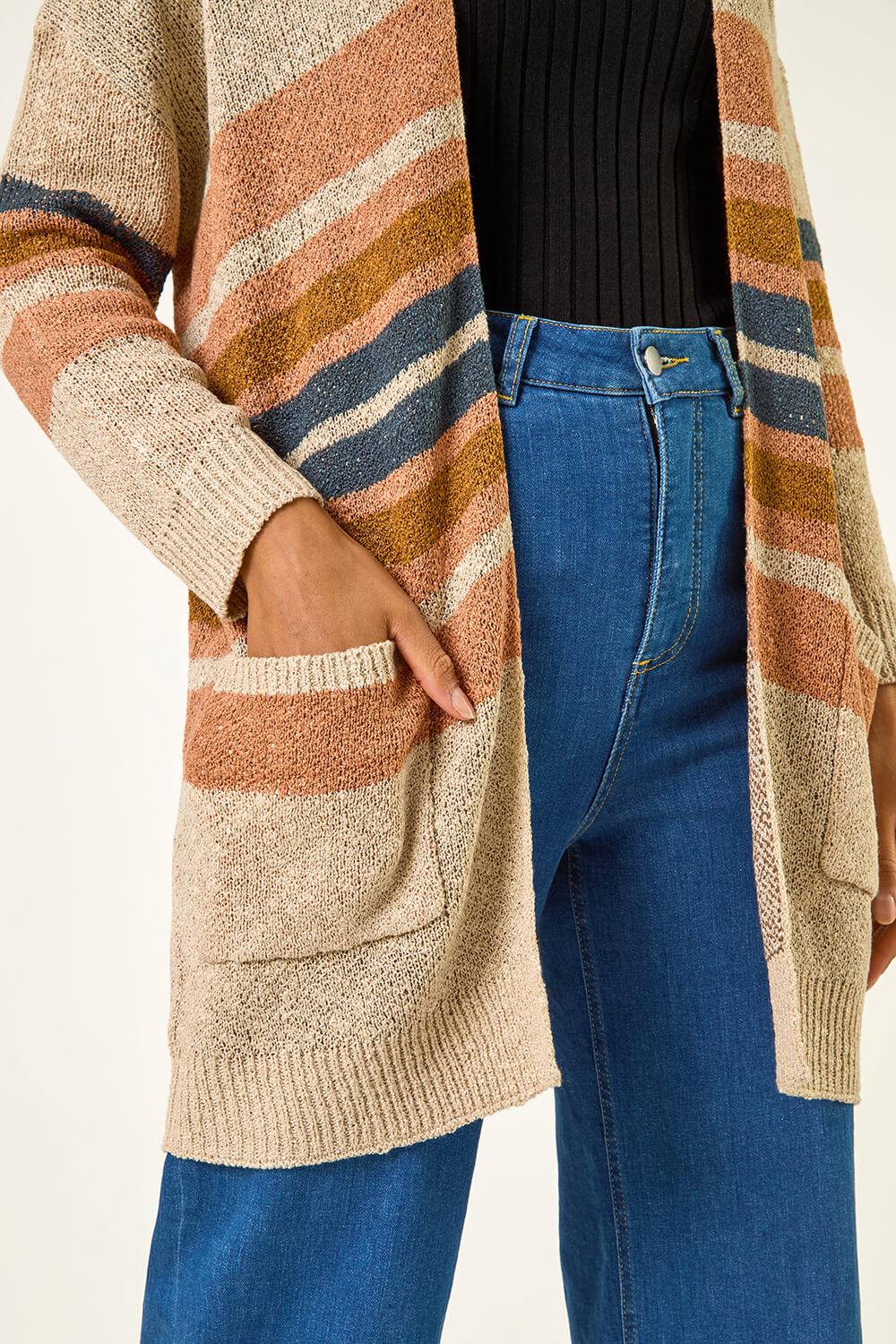 Camel  Stripe Knit Longline Cardigan, Image 6 of 5