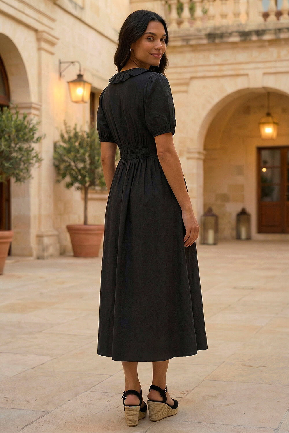 Black Textured Frill Midi Dress | Roman UK