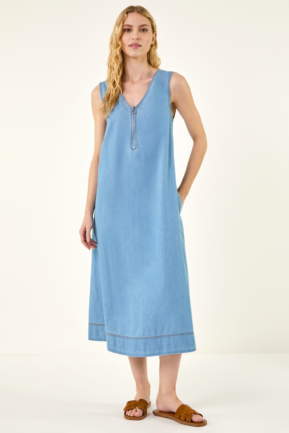 Roman Women's Light Denim Zip Front Sleeveless Midi Dress Size 20