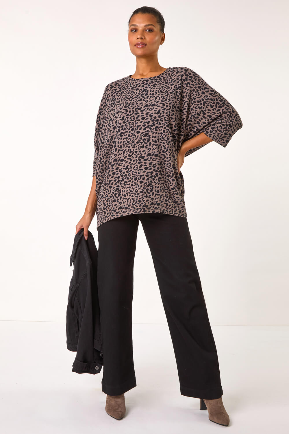 Brown Animal Print Batwing Stretch Top, Image 3 of 5