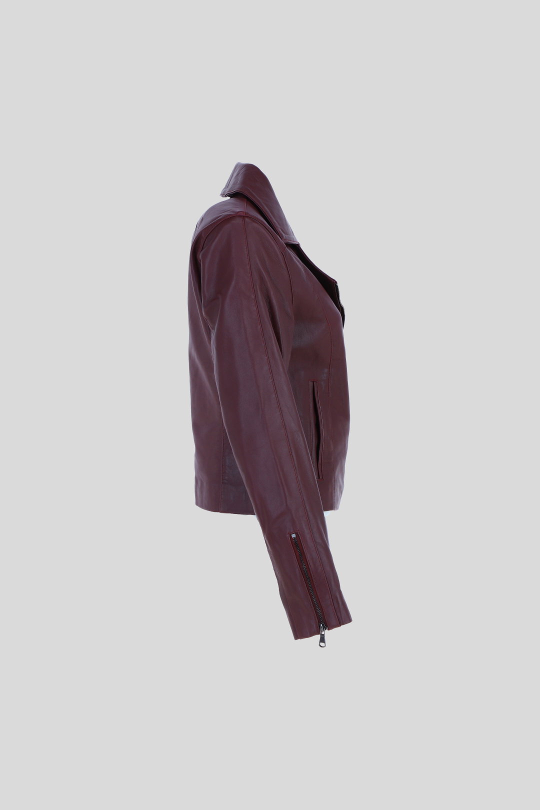 Burgundy Real Veg Tanned Leather Plain Biker Jacket, Image 5 of 5