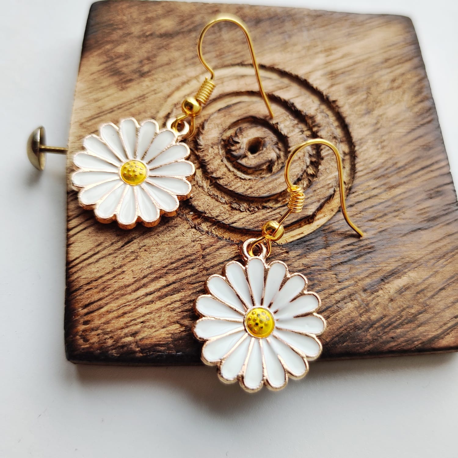White Sunflower Charm Dainty Boho Hook Earrings, Image 5 of 5