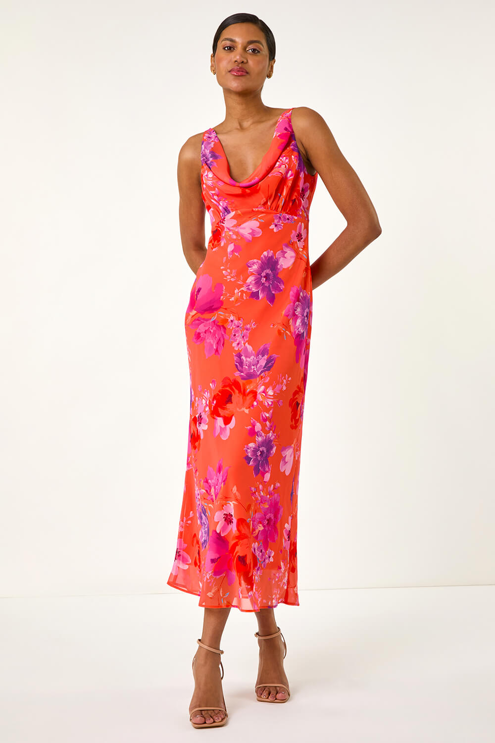 Orange Floral Cowl Neck Midi Dress, Image 4 of 5