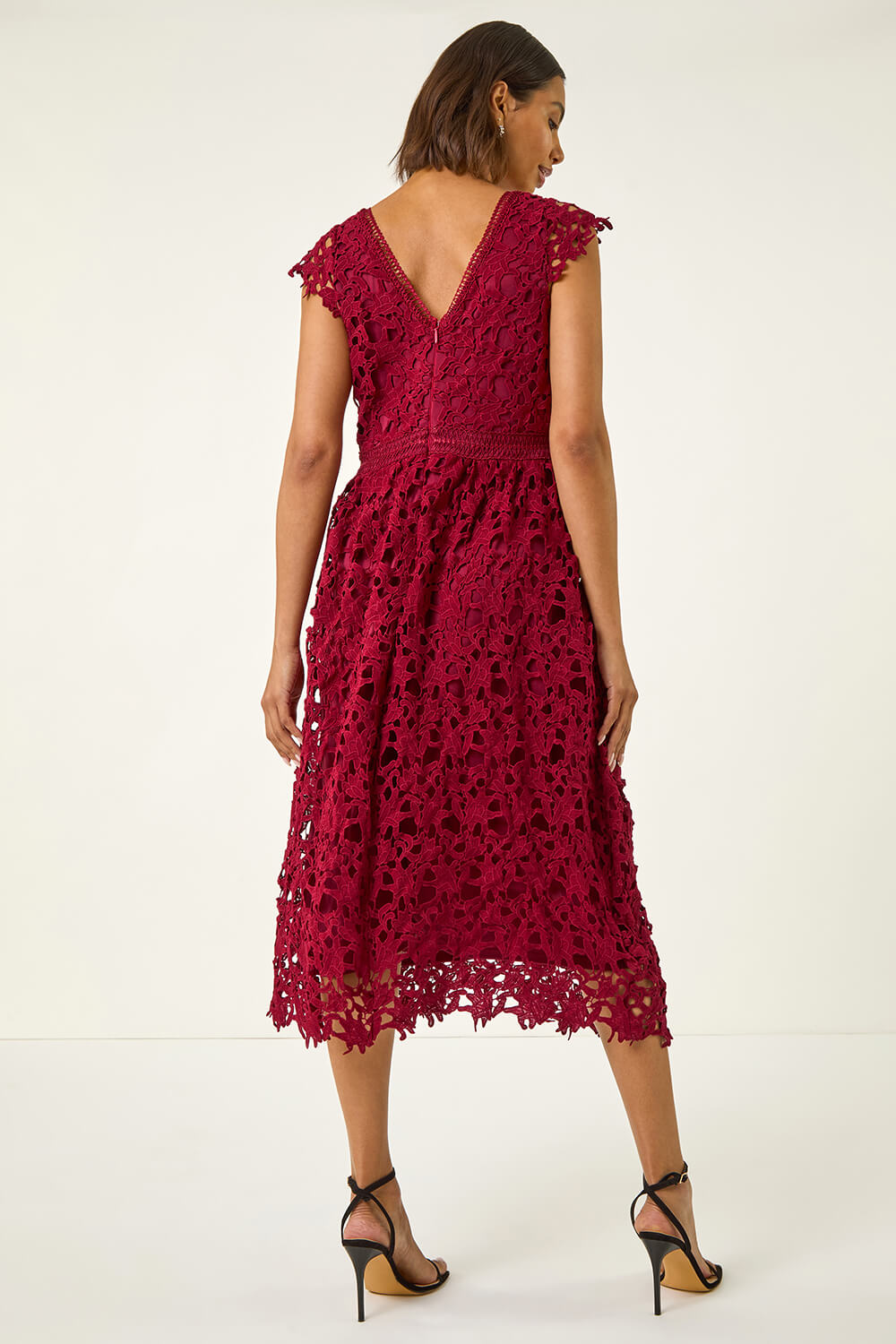 Burgundy Premium Crochet Lace Midi Dress, Image 5 of 6