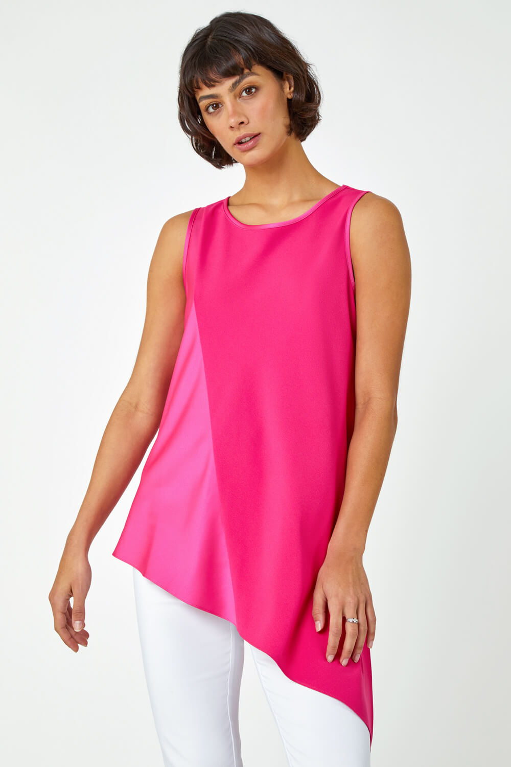 Cerise Satin Contrast Asymmetric Chiffon Tunic Top, Image 3 of 5