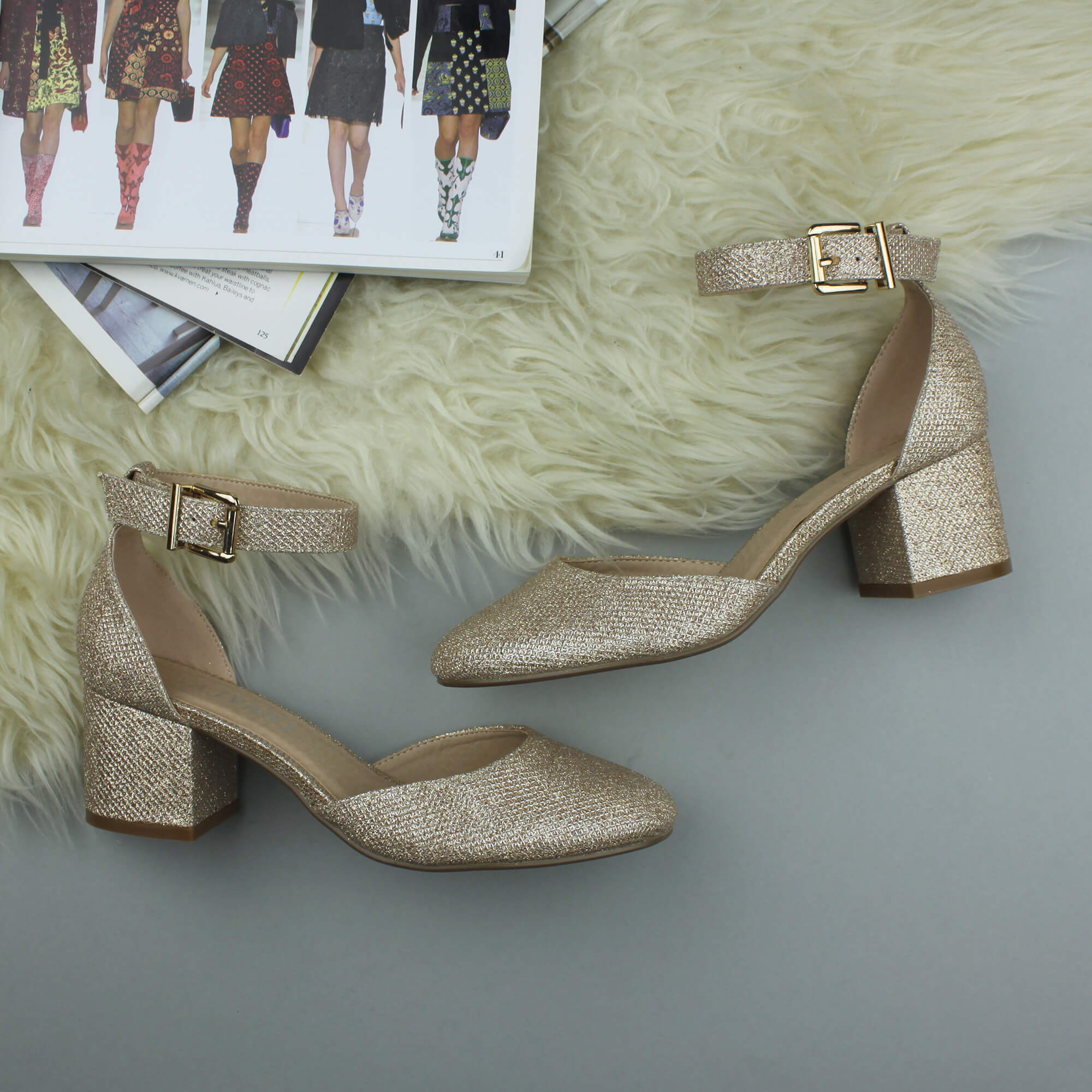 Rose Gold AJVANI Rose Gold Mid Block Heel Ankle Strap 2 Part Heels, Image 4 of 6