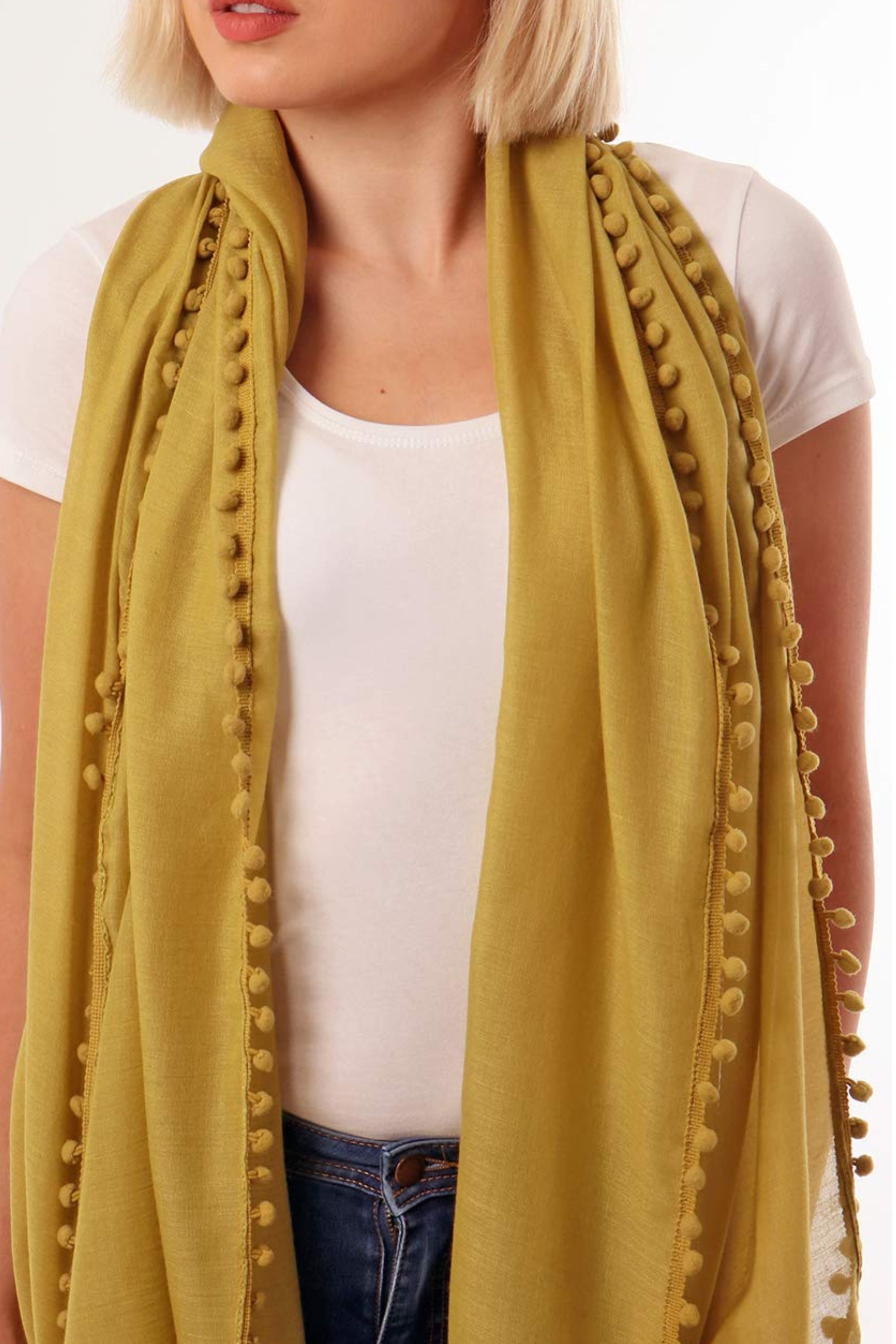 Mustard Lightweight Pom Pom Scarf, Image 3 of 4