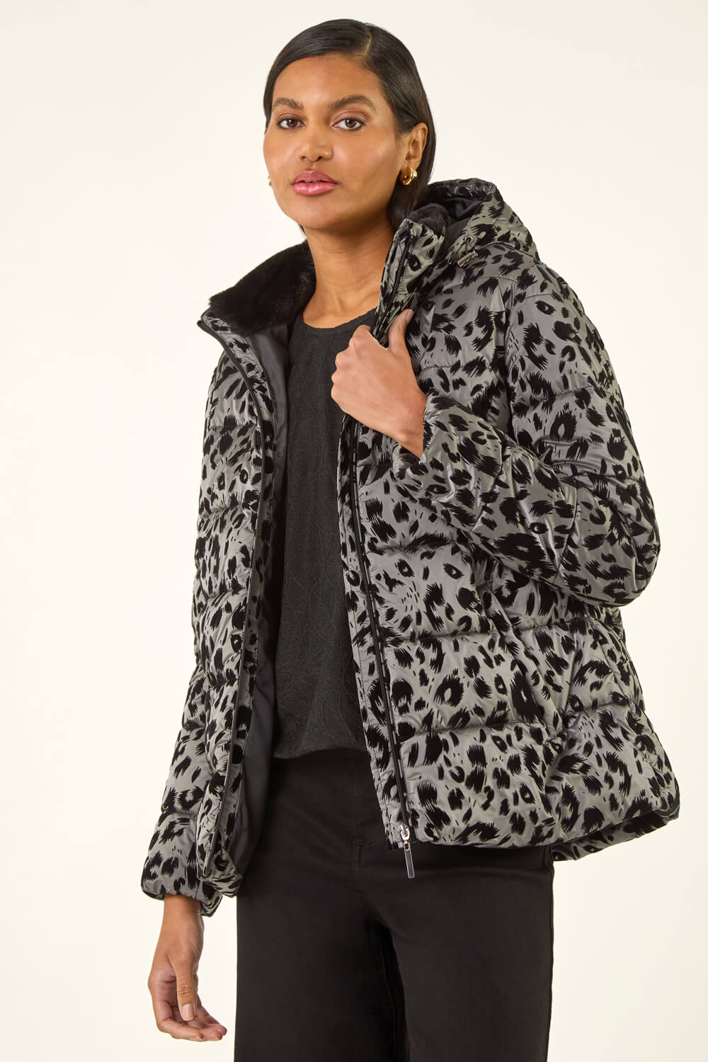 Grey Animal Print Flocked Hooded Coat, Image 1 of 5