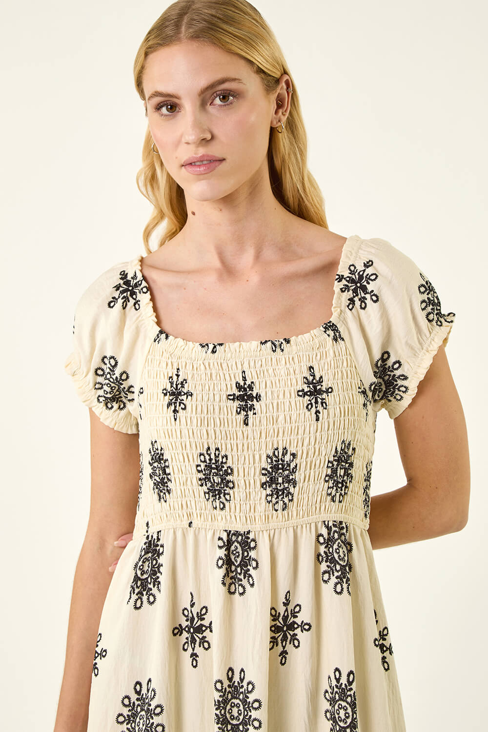 Ivory  Broderie Shirred Maxi Dress, Image 5 of 5