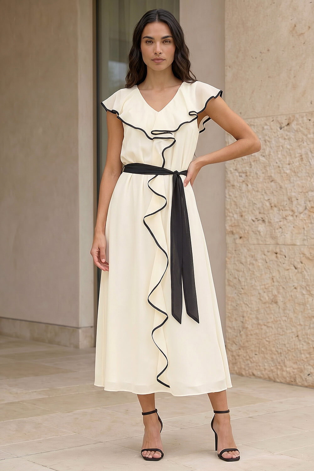 Ivory Frill Contrast Tipped Midi Dress, Image 1 of 4
