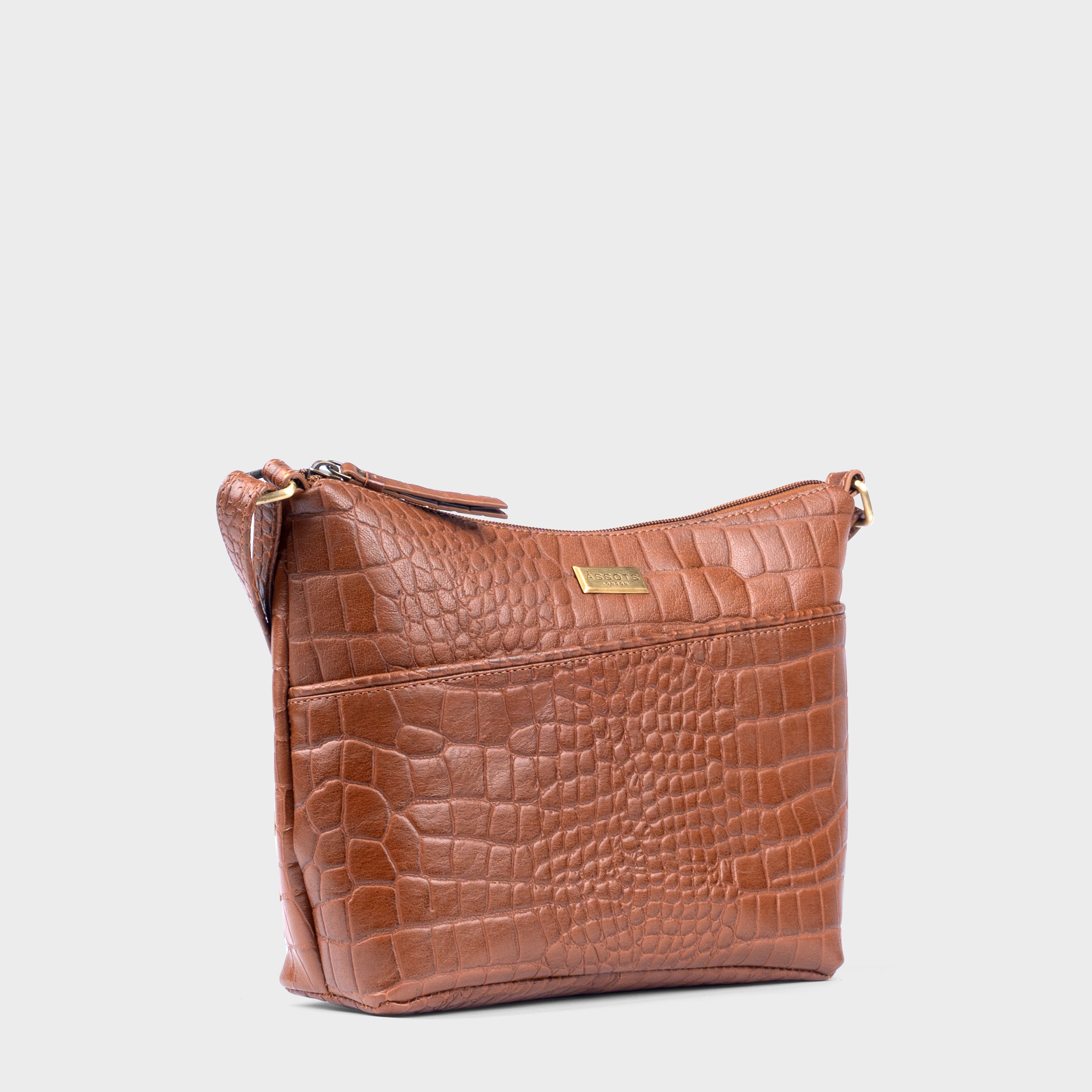 Tan Assots London Tan 'CAROL' Embossed Croc Real Leather Designer Crossbody Shoulder Bag, Image 3 of 4