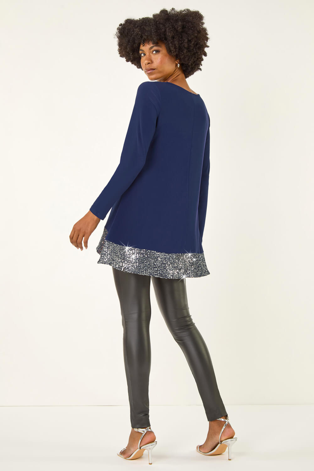 Navy Sequin Hem Tunic Stretch Top, Image 1 of 5