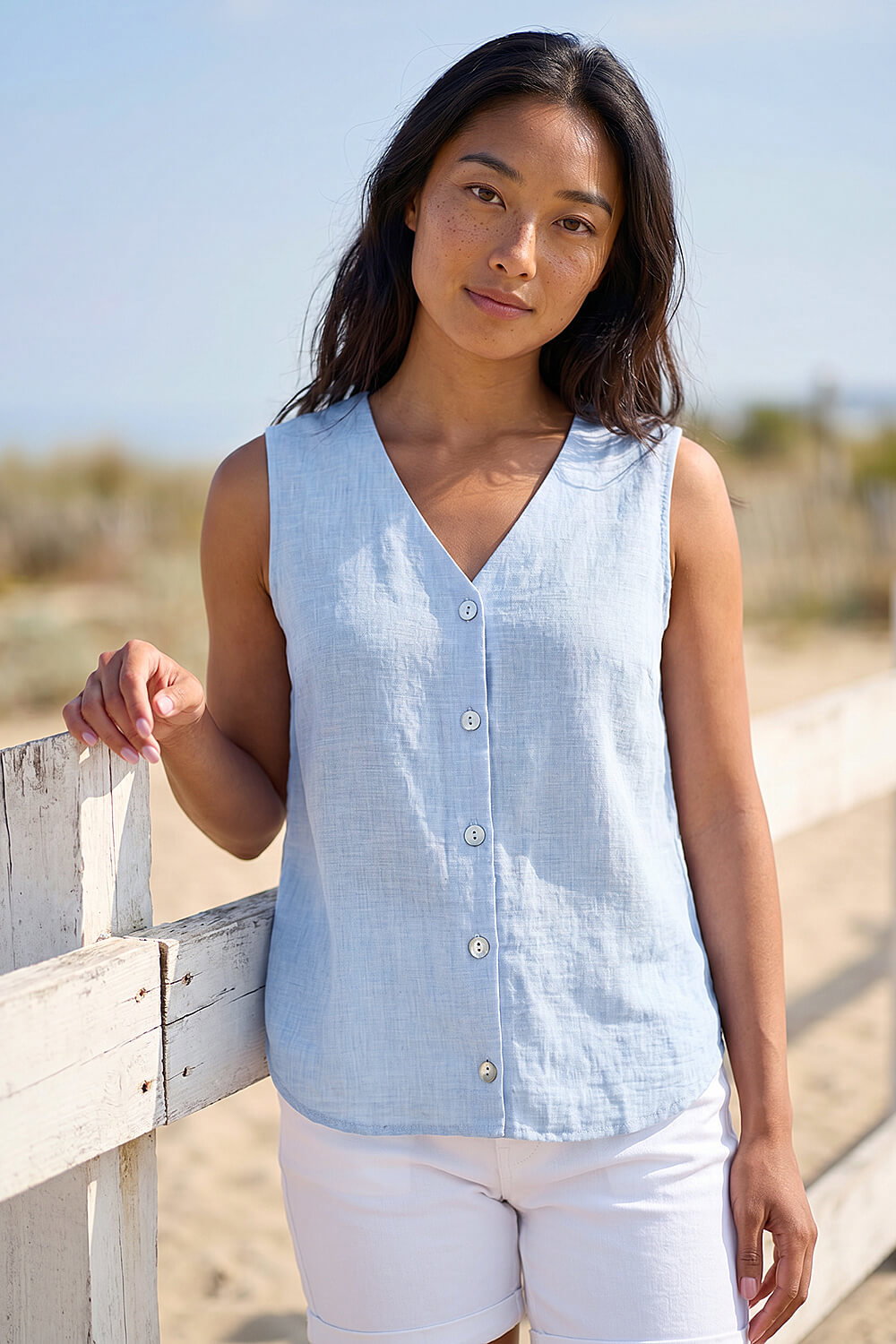 Blue Petite Buttoned Sleeveless Blouse, Image 1 of 4