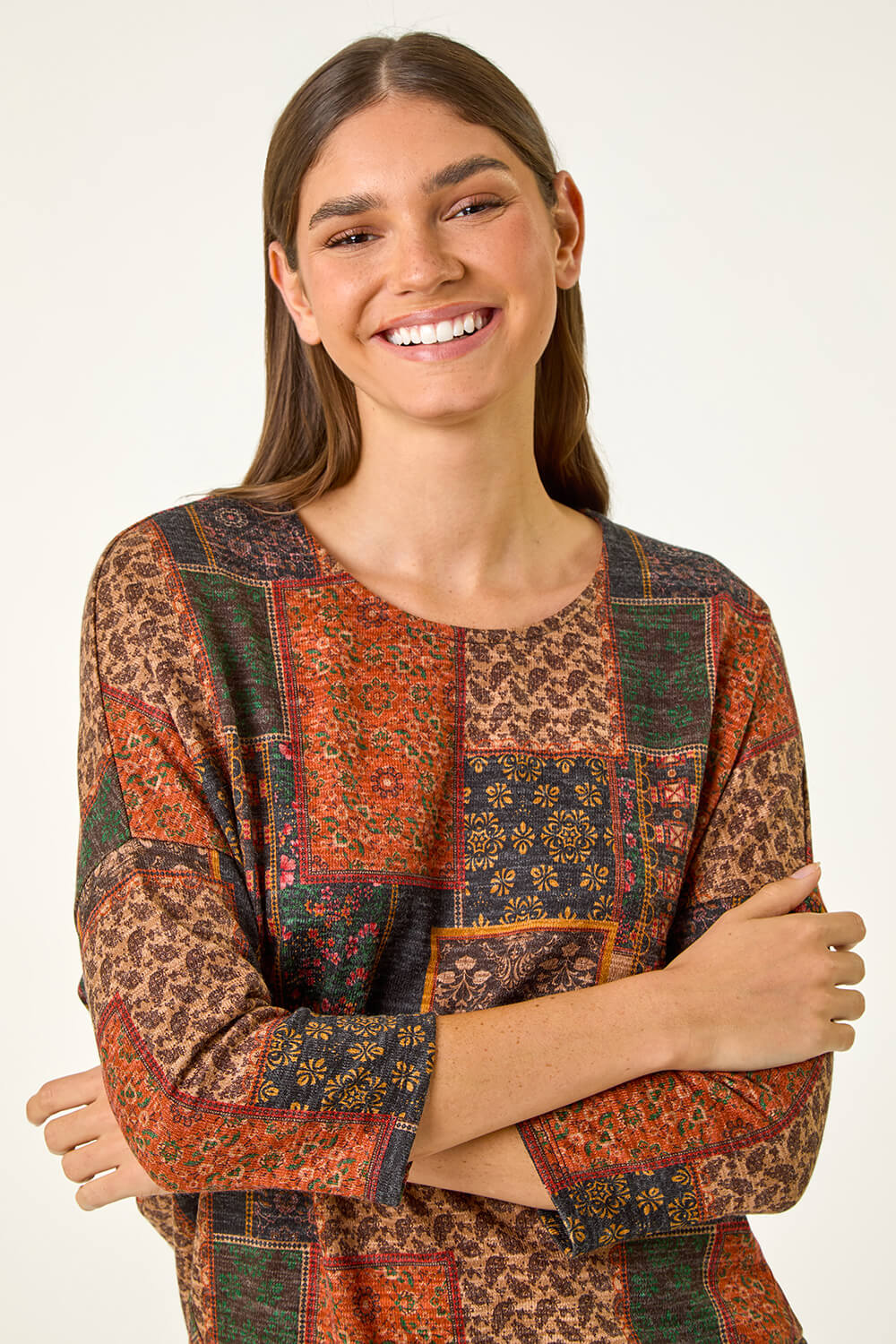Orange Patchwork Print Stretch Top, Image 5 of 5
