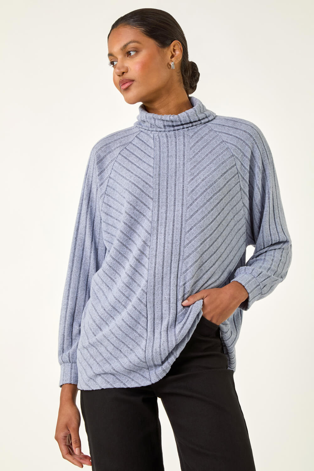 Light Blue Textured Stripe Cowl Neck Top, Image 1 of 5