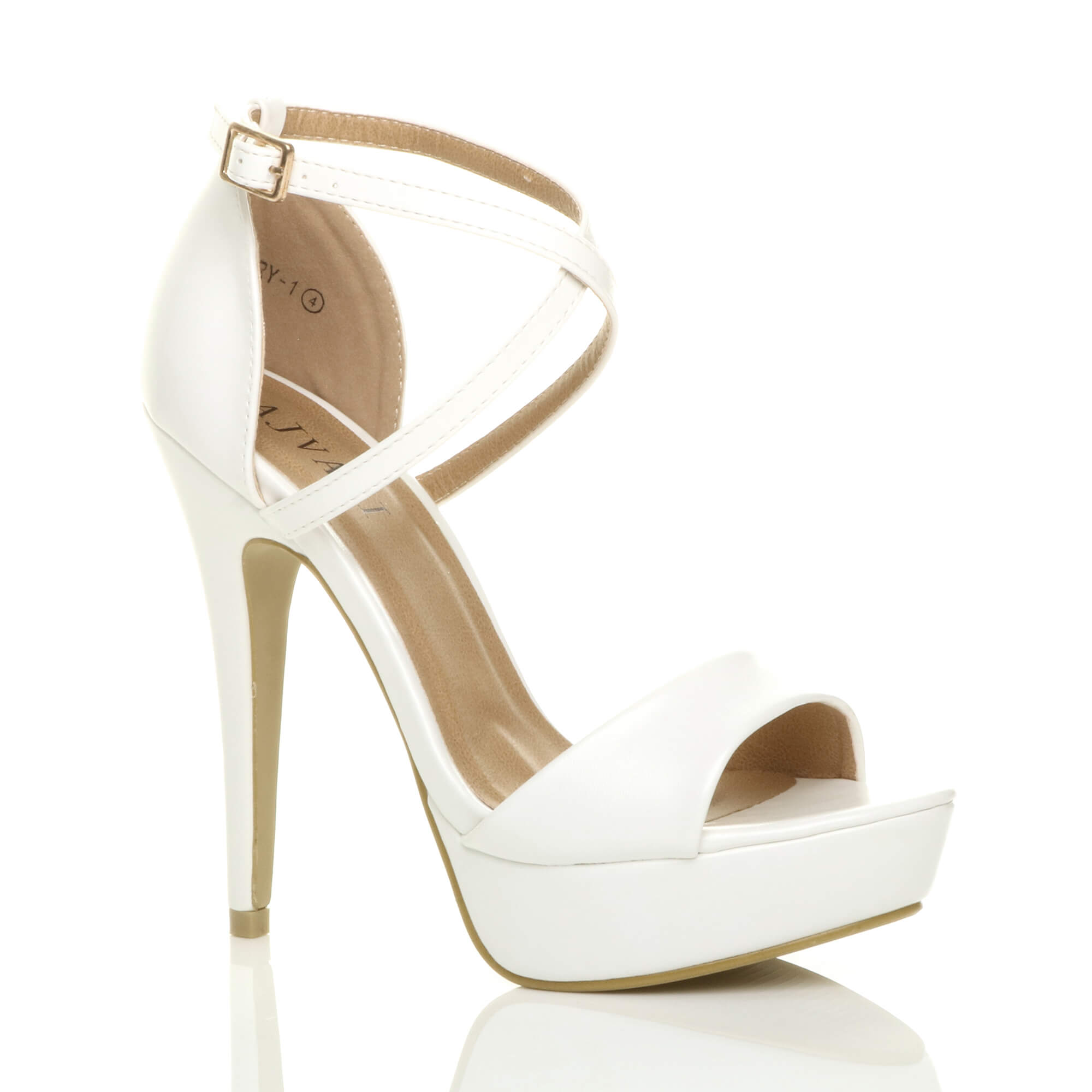 White AJVANI White High Heel Crossed Straps Platform Sandals, Image 1 of 6