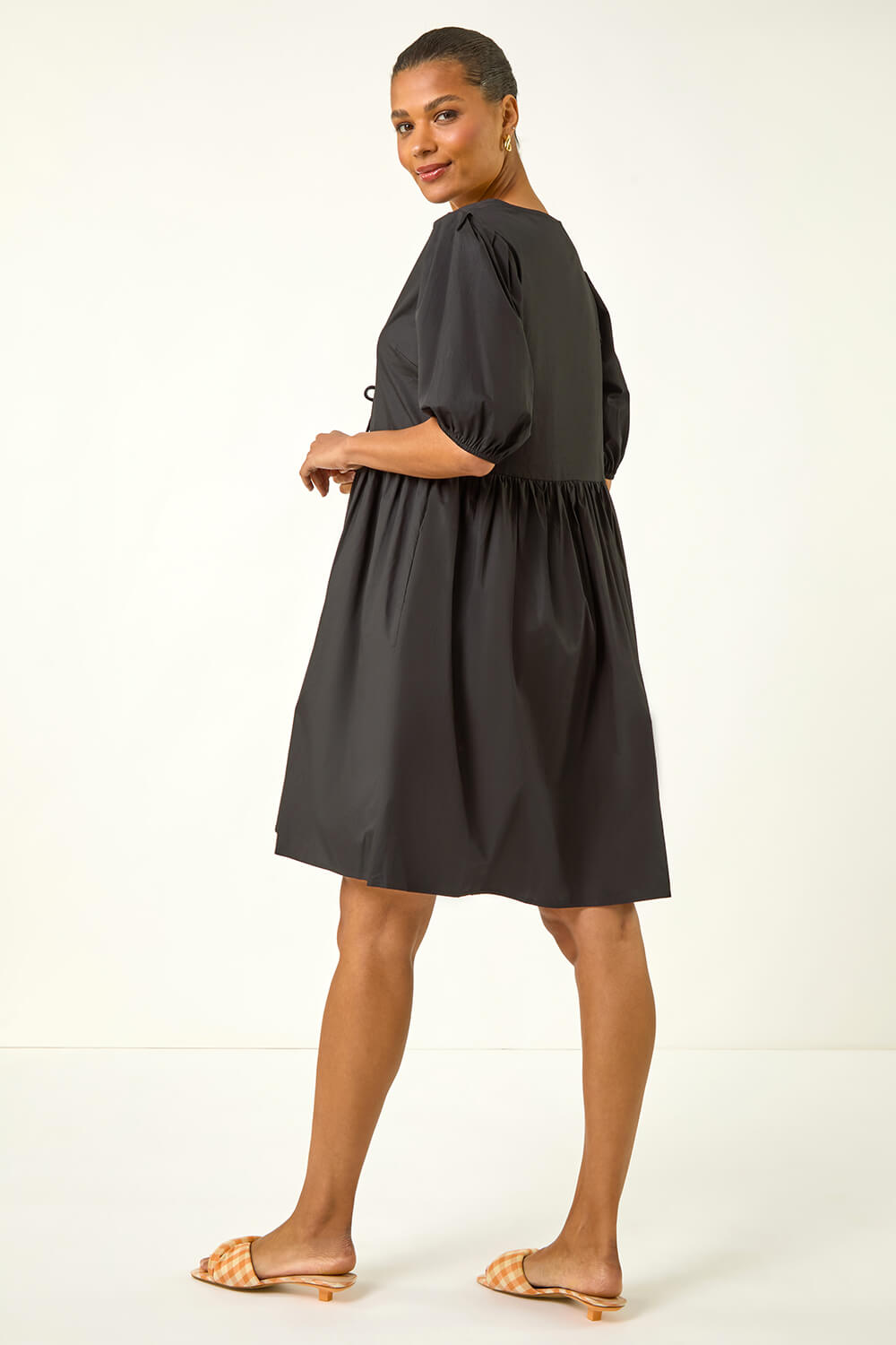 Black Tie Front Smock Dress, Image 4 of 5