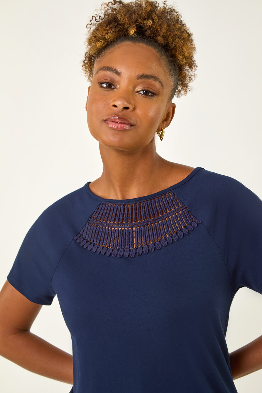 Navy Crochet Neck Stretch T-Shirt, Image 5 of 5