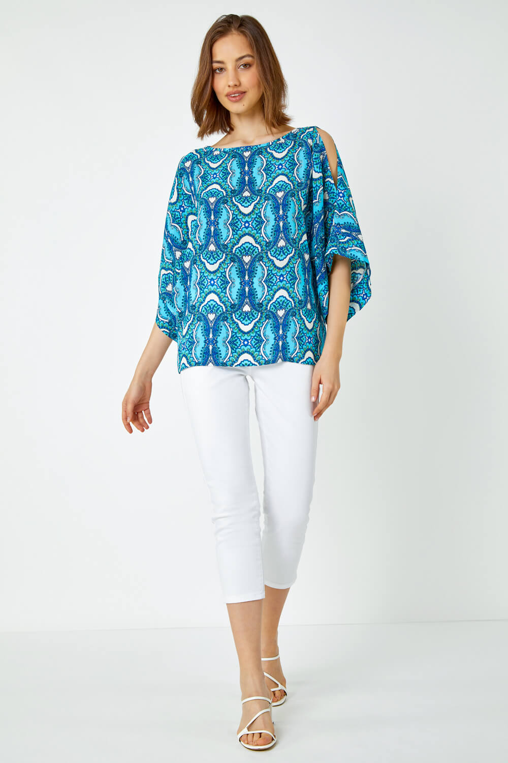 Blue Tile Print Cold Shoulder Top, Image 3 of 5