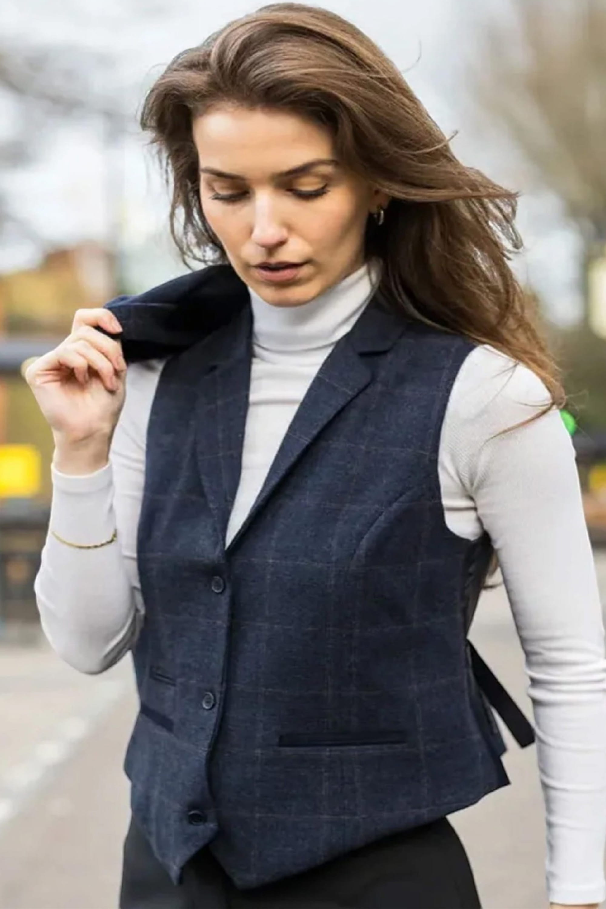 Navy Infinity Leather Navy Women's Navy Tweed Waistcoat, Image 2 of 4