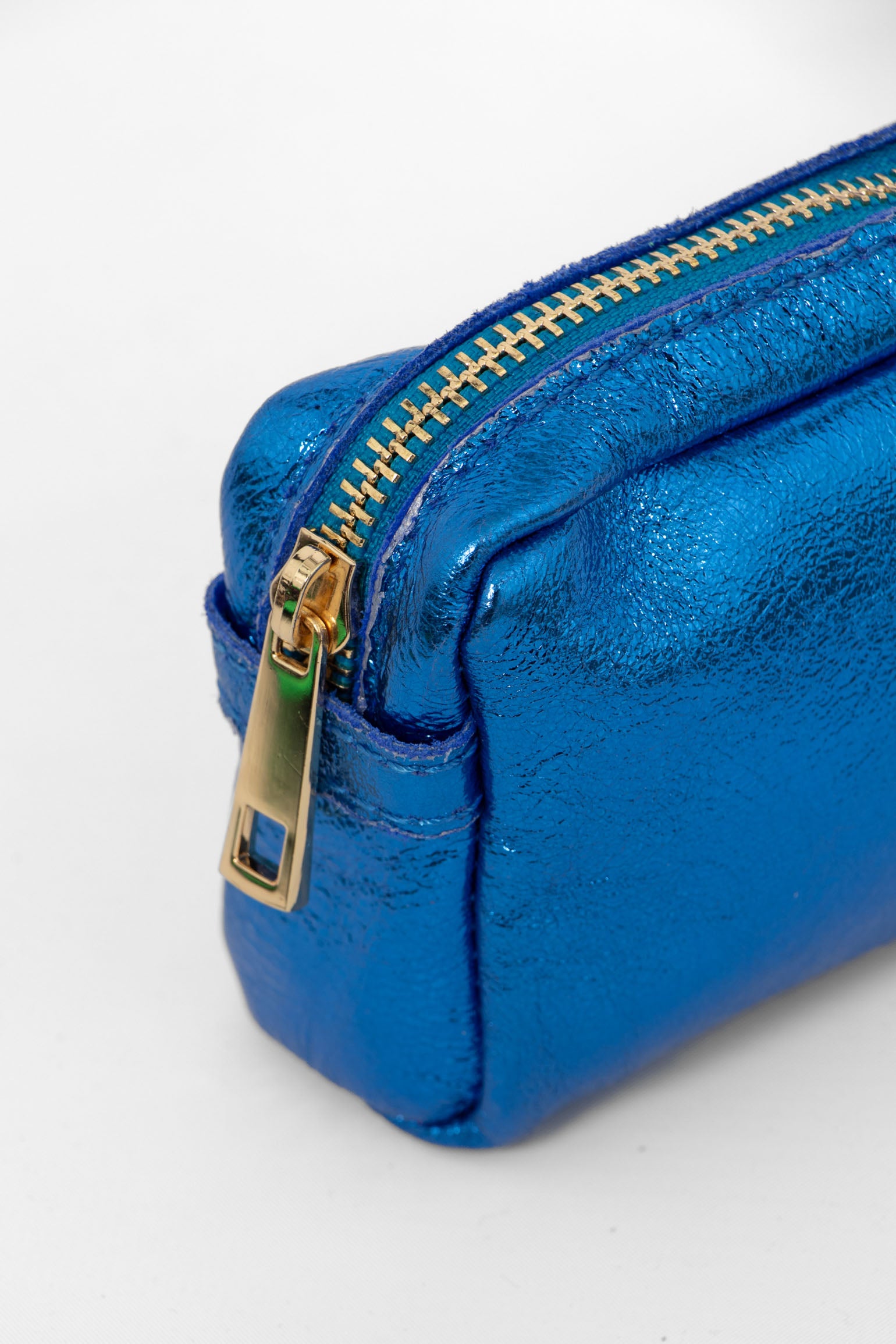 Blue Metallic Italian Leather Cosmetic Bag, Image 2 of 2