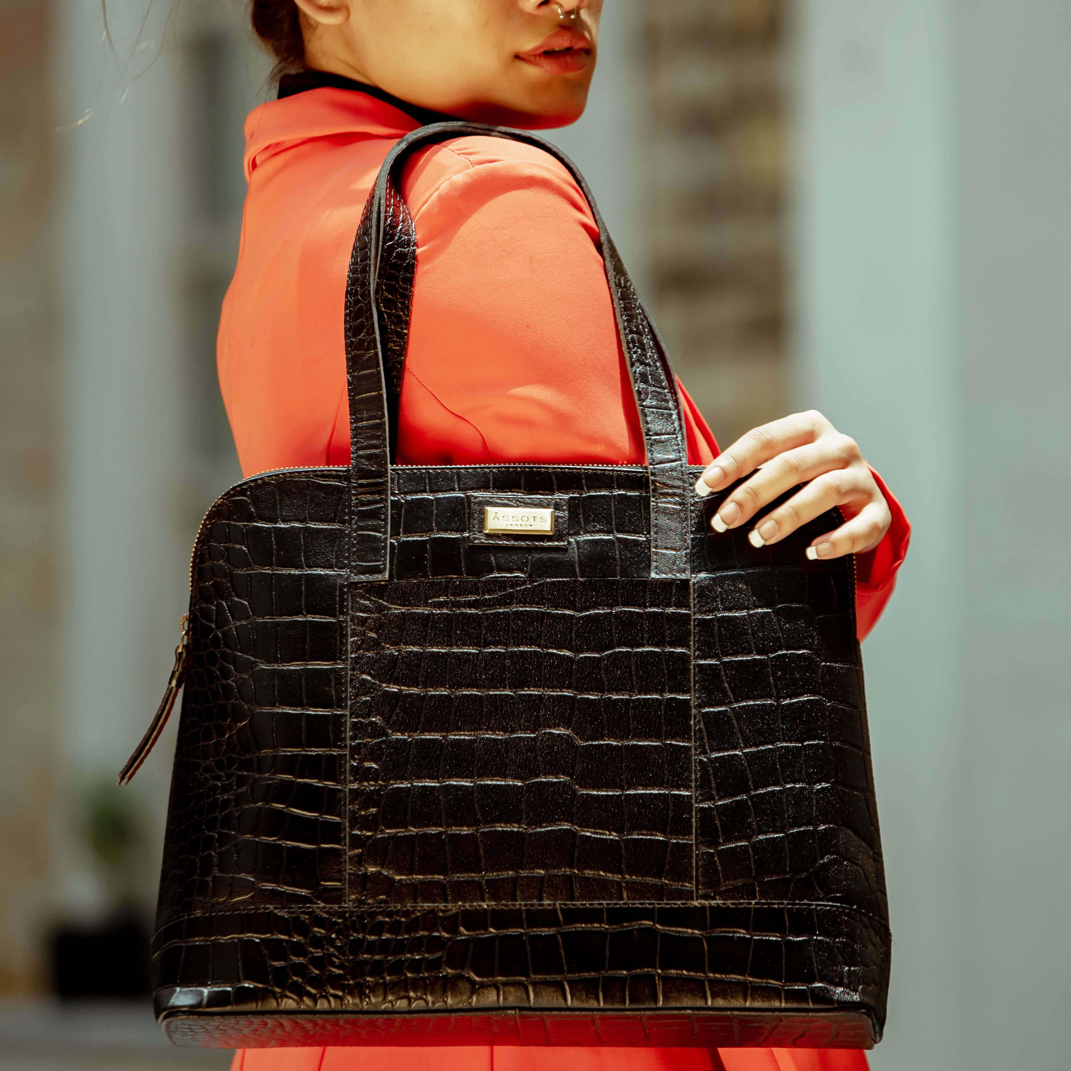 'EVA' Croc Embossed Real Leather Designer Unlined Tote Bag, Image 2 of 4